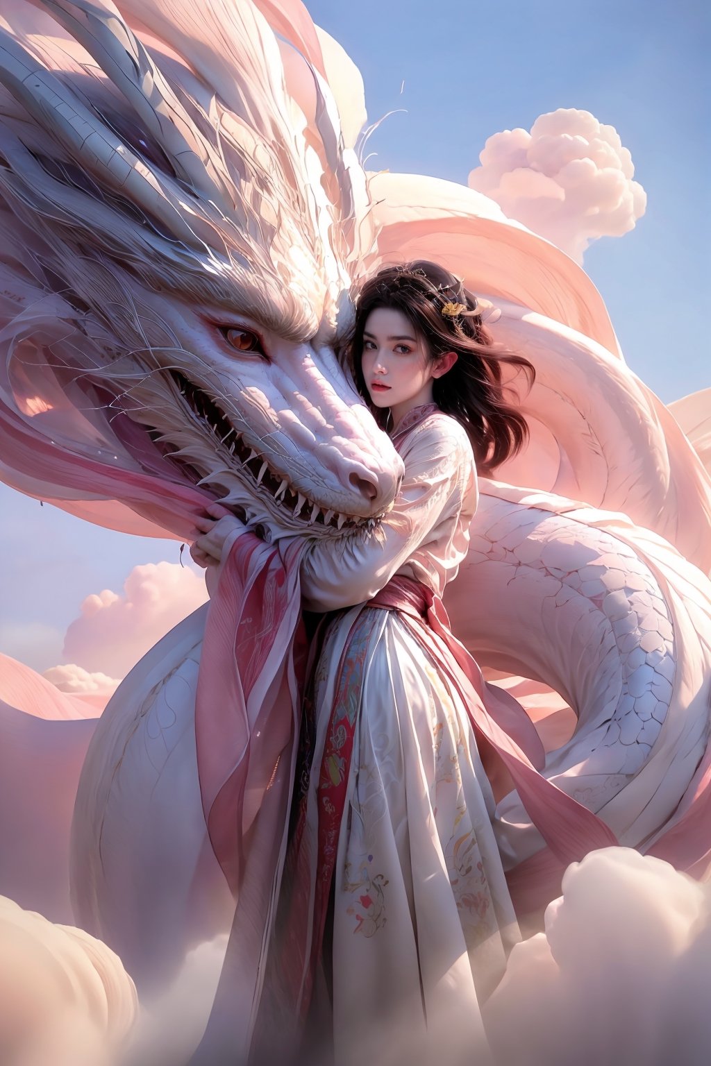 photorealistic,realistic,photography,masterpiece,best quality,ultra-detailed,extremely detailed CG unity 8k wallpaper,1girl,cloud,pink theme,pink white dragon,,moyou,forehead,white hair