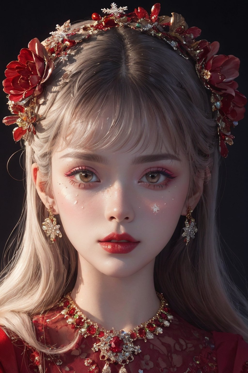 red theme,  snowflakes,  looking at viewer,  portrait,  colorful hair,  jewelry,  close up,  ultra high res,  deep shadow, (best quality,  masterpiece),  dimly lit,  shade, highly detailed,  bold makeup,  flower,  solid color background,  depth of field,  film grain,  fashion_girl,  accessories, High detailed, ,fashion_girl,dream_girl