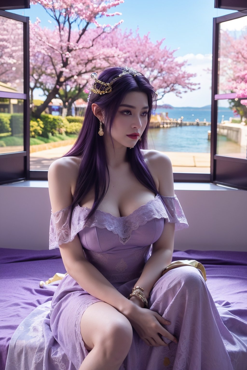 masterpiece,1girl,(mature female:0.5),tall body,full  body,golden proportions,(Kpop idol),(shiny skin:1.2),(oil skin:1.1),makeup,(close up),depth of field,(closed mouth:0.5),(purple hair:1.5),(very long hair:1.36),(puffy eyes),(eyelashes:1.1),(parted lips:1.1),red lipstick,fantasy art style,dreamy light,(purple wedding dress:1.59),(High neckline purple long wedding dress:1.39),(lace:1.49),perfect body,(purple dreamy veil:1.3),(dusk:1.2),(purple princess shoes:1.1),(diamond necklace),(crystal hairpin),tyndall effect,highres,(sitting on a bed:1.59),(The room is covered with colorful roses:1.79), (big breasts:2.59),(The background window is a seaside scenery with cherry blossoms in full bloom:1.69),(Purple themed room with purple decoration:1.59)