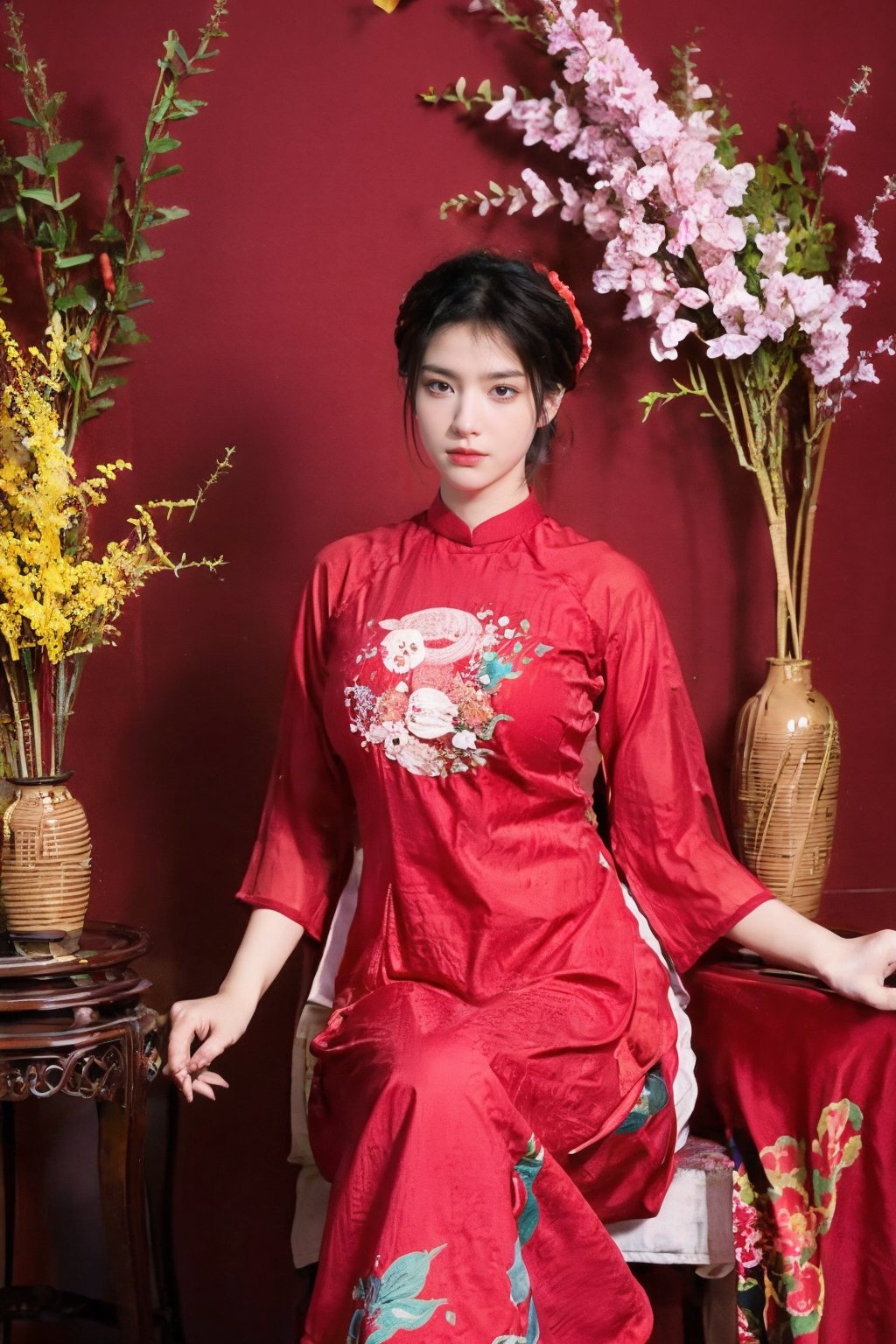 masterpiece, best quality, 1girl, solo, short hair, black hair, sitting, indoors, chair, floral print, table, plant, hand fan, aodai,aodaicuoi,(big breasts:1.39),