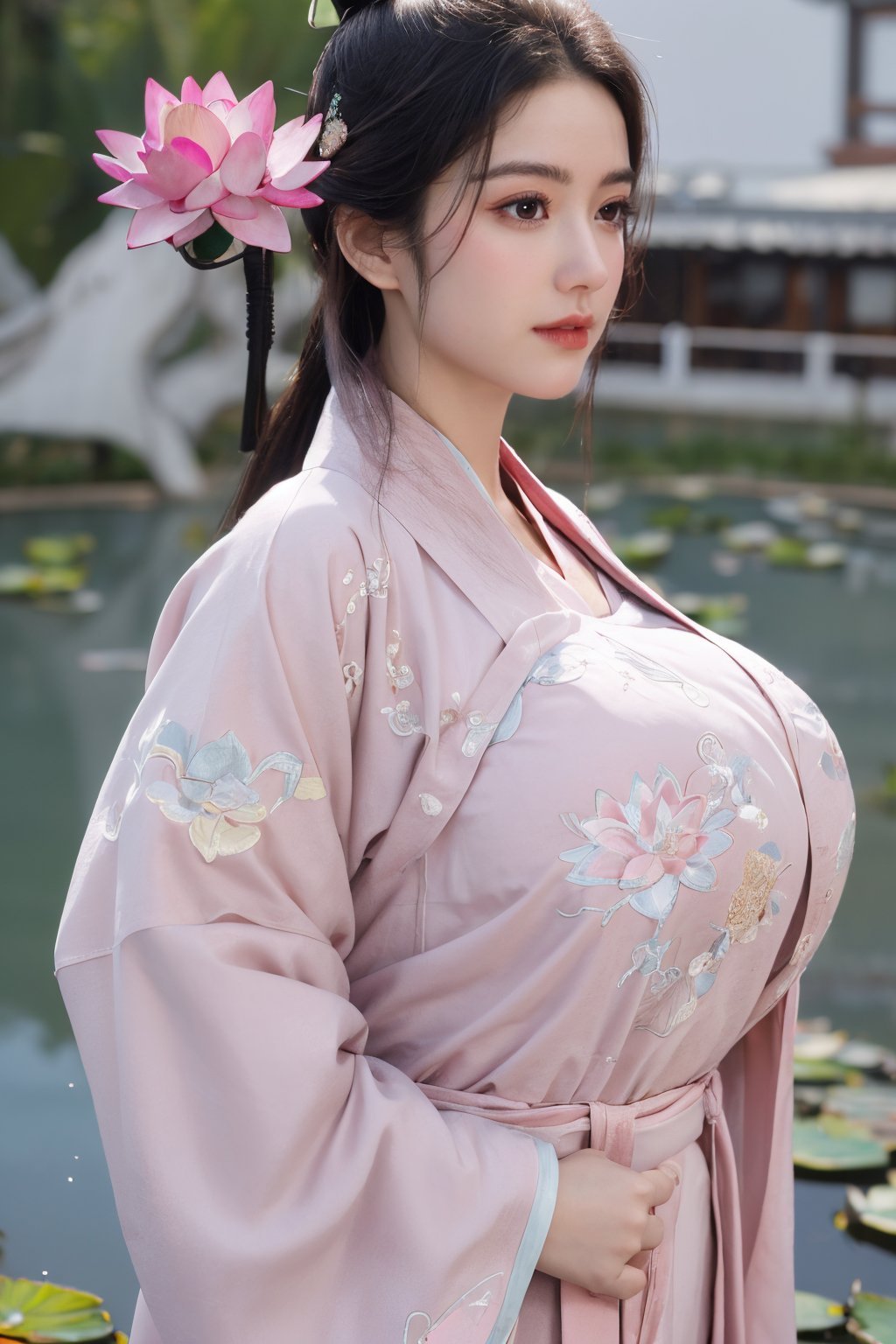 (masterpiece, best quality:1.2), highres, extremely detailed, 1 girl, long hair, eye highlights,(light pink hanfu dress:1.33), frills, outdoors, flower, fluttering petals, upper body, depth of field,pastel color, Depth of field,garden of the sun,shiny,flowers, garden, 1girl, butterfly style, butterflies, ultra detailed, glary,Light, light particles,glitter,reflect,(Ancient Chinese pattern embroidery:1.23),(big breasts:1.76),Xyunxiao,(pink lotus,Lotus Pond:1.59),(Background Chinese ancient architecture:1.29)