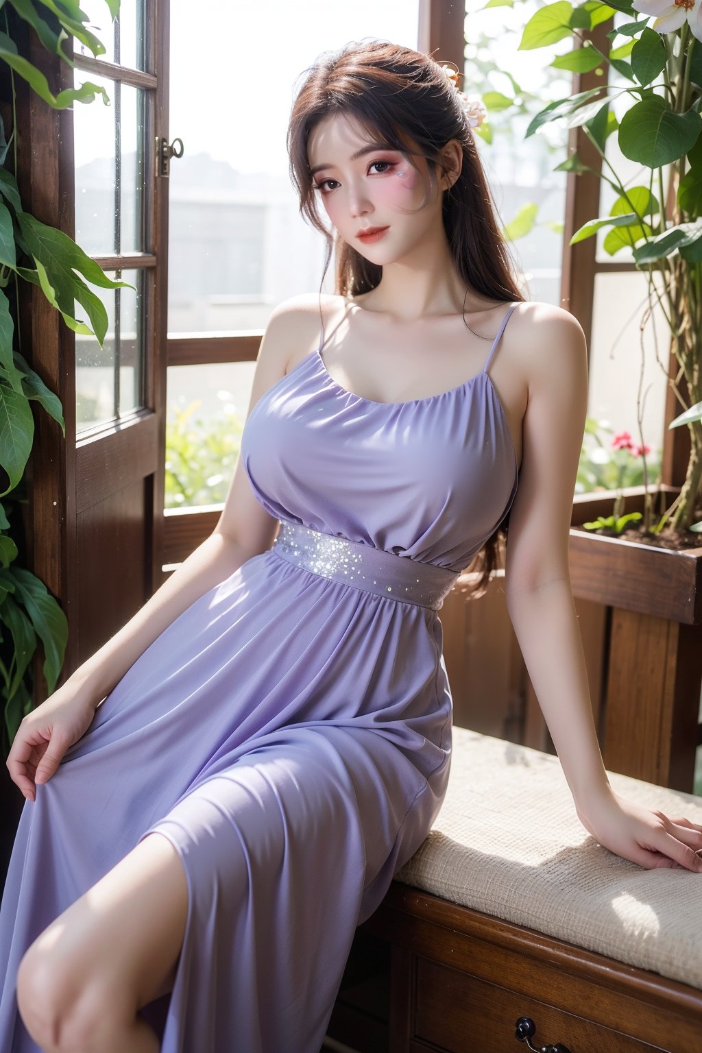 (masterpiece, best quality:1.2), highres, extremely detailed, 1girl,(light purple Chiffon dress:1.23),looking at viewer,indoors, Xyunxiao,Yunxiao_Fairy, (big breasts:1.58),Depth of field,garden of the sun,shiny,flowers, garden, 1girl, butterfly style, butterflies, ultra detailed, glary,Light, light particles,glitter,reflect,