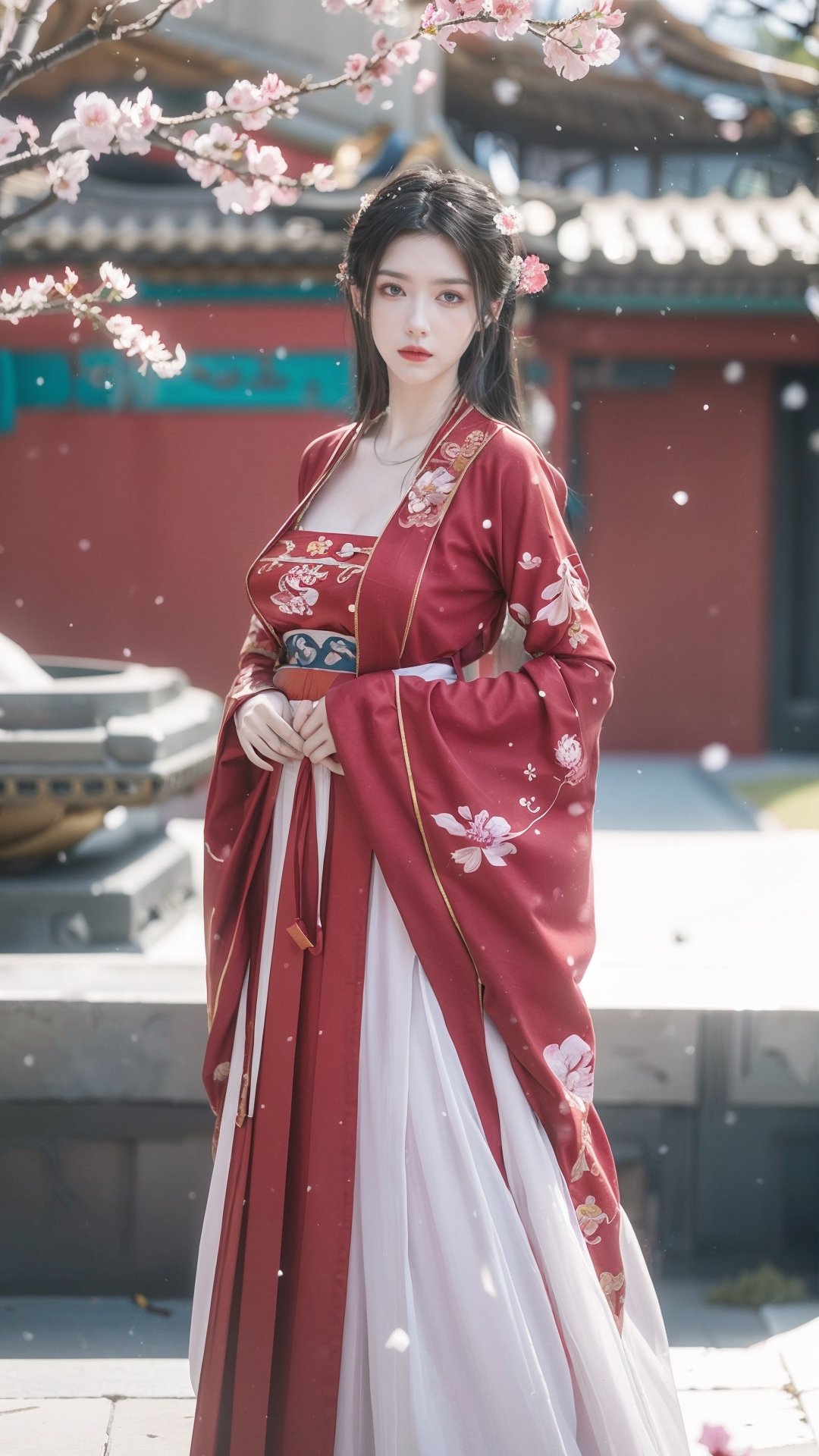 hanfu, Best Quality, masterpiece, (Snowing:1.3),1 girl, (long hair:1.2),  (big breasts:1.69),(Upper body photo:1.3),hanfu,18-year-old , exquisite , extreme face,creamy skin, fair skin,realistic skin details, (super-detail) , long hair, (big breasts:1.69),1girl,long skirt,long sleeves,(Peony flowers, plum blossoms:1.5),(flower:1.3),tangdynastyhanfu, hanfu2,myhanfu, chang,Sit on the steps, hands on hips