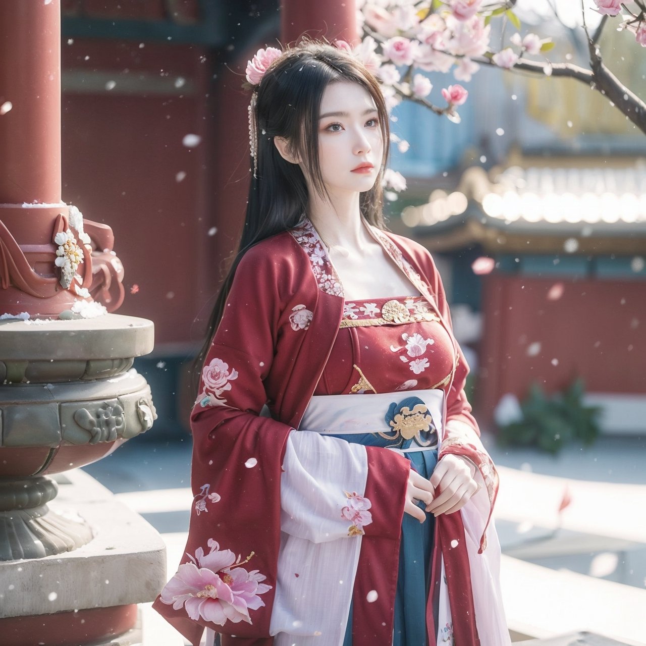 hanfu, Best Quality, masterpiece, (Snowing:1.3),1 girl, (long hair:1.2),  (big breasts:1.89),(Upper body photo:1.3),hanfu,18-year-old , exquisite , extreme face,creamy skin, fair skin,realistic skin details, (super-detail) , long hair, (big breasts:1.69),1girl,long skirt,long sleeves,(Peony flowers, plum blossoms:1.5),(flower:1.3),tangdynastyhanfu, hanfu2,myhanfu, chang,Sit on the steps, hands on hips