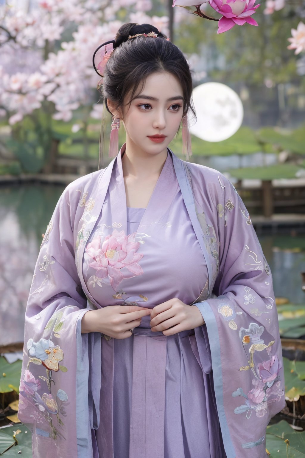 (masterpiece, best quality:1.2), highres, extremely detailed, 1 girl, purple hair, eye highlights,(light purple hanfu dress:1.33), frills, outdoors, flower, fluttering petals, upper body, depth of field,pastel color, Depth of field,garden of the sun,shiny,flowers, garden, 1girl, butterfly style, butterflies, ultra detailed, glary,Light, light particles,glitter,reflect,(Ancient Chinese pattern embroidery:1.59),(big breasts:1.76),Xyunxiao,(full moon,pink lotus,Lotus Pond:1.59)