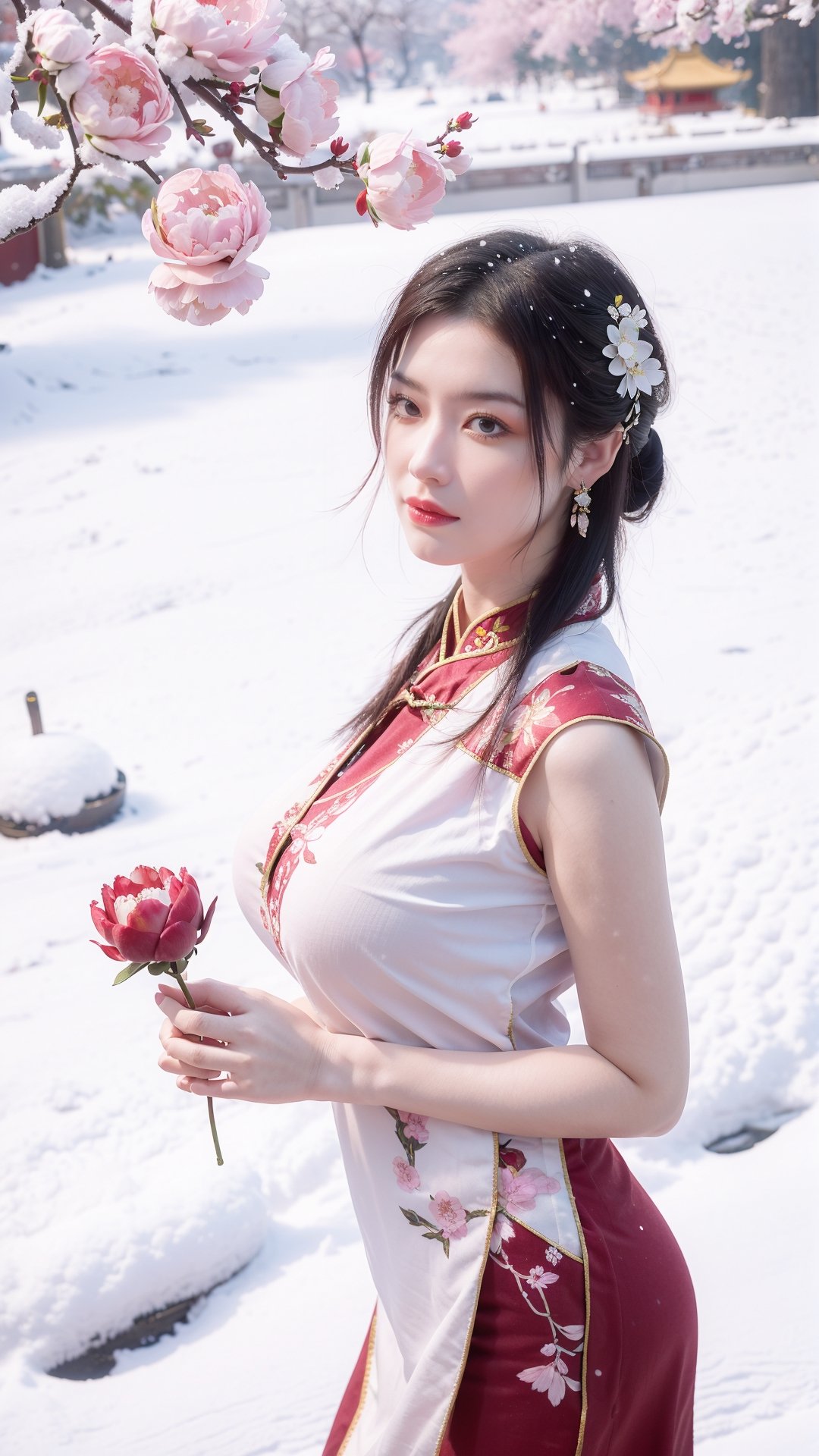 Masterpiece, Best Quality,young and beautiful Chinese girl wearing a cheongsam with coiled hair, , wearing vintage Chinese earrings, (big breasts:1.39),in front of the Forbidden City, with a large aperture portrait lens,(big breasts:1.3),embroidered flower patterns,(Peonies, cherry blossoms, plum blossoms:1.3), (snow:1.5),,  qipao