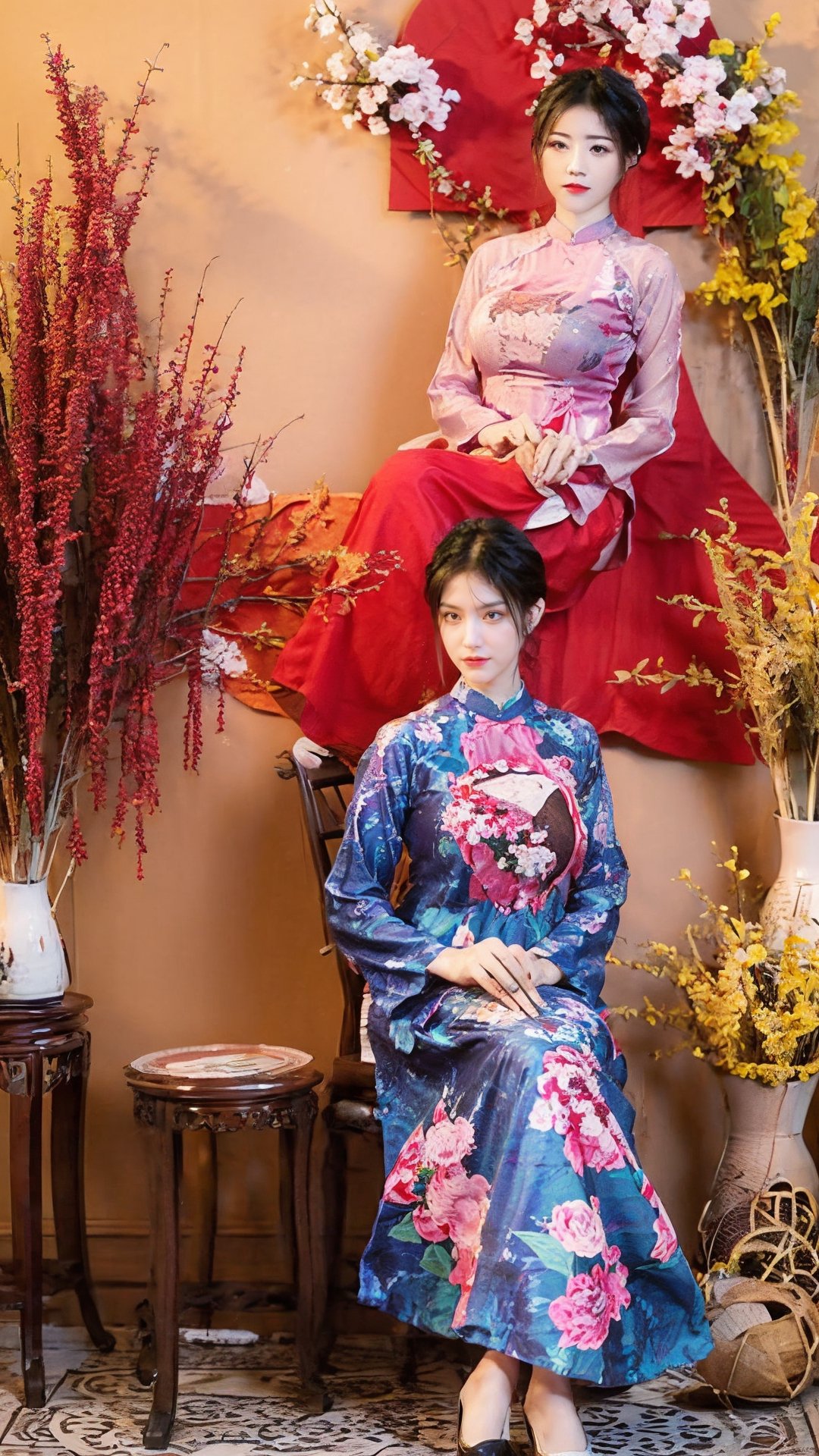 masterpiece, best quality, 1girl, solo, short hair, black hair, sitting, indoors, chair, floral print, table, plant, hand fan, aodai,aodaicuoi,(big breasts:1.39),