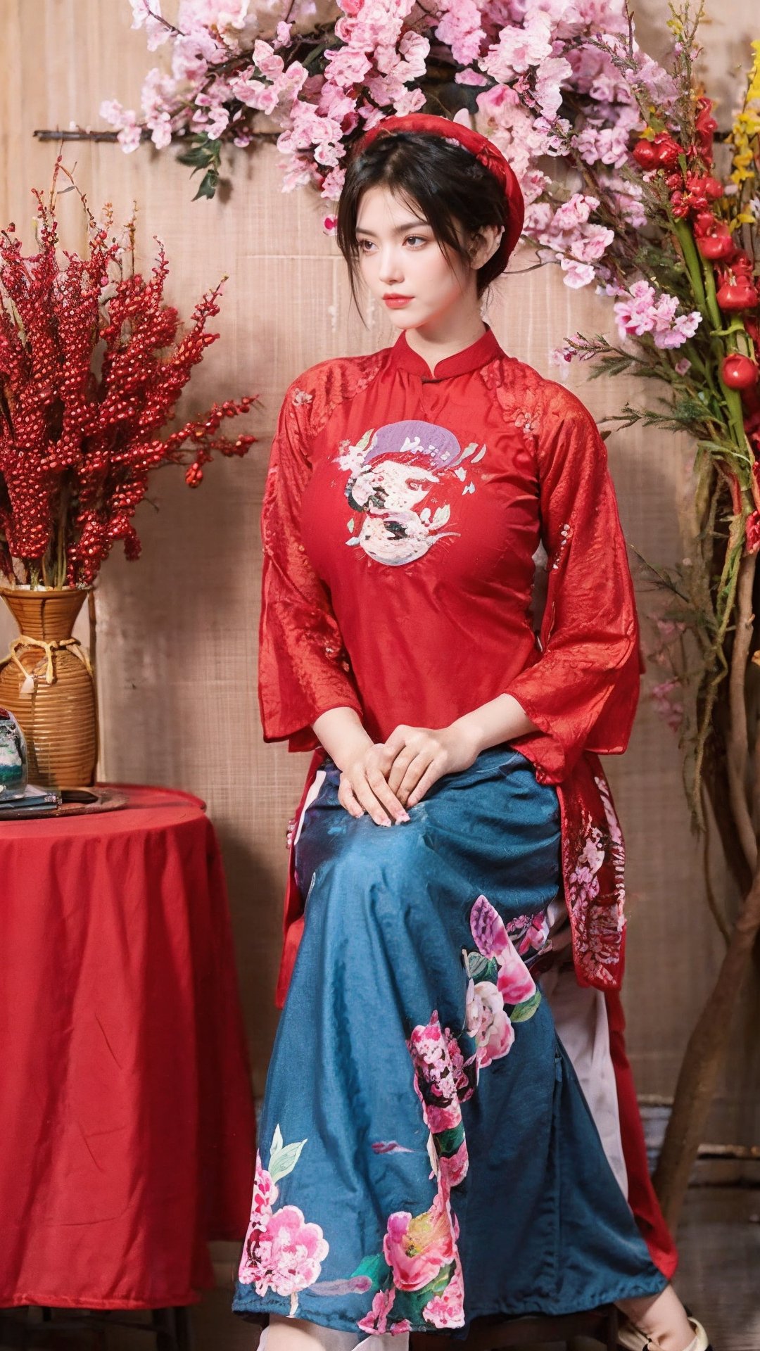 masterpiece, best quality, 1girl, solo, short hair, black hair, sitting, indoors, chair, floral print, table, plant, hand fan, aodai,aodaicuoi,(big breasts:1.39),