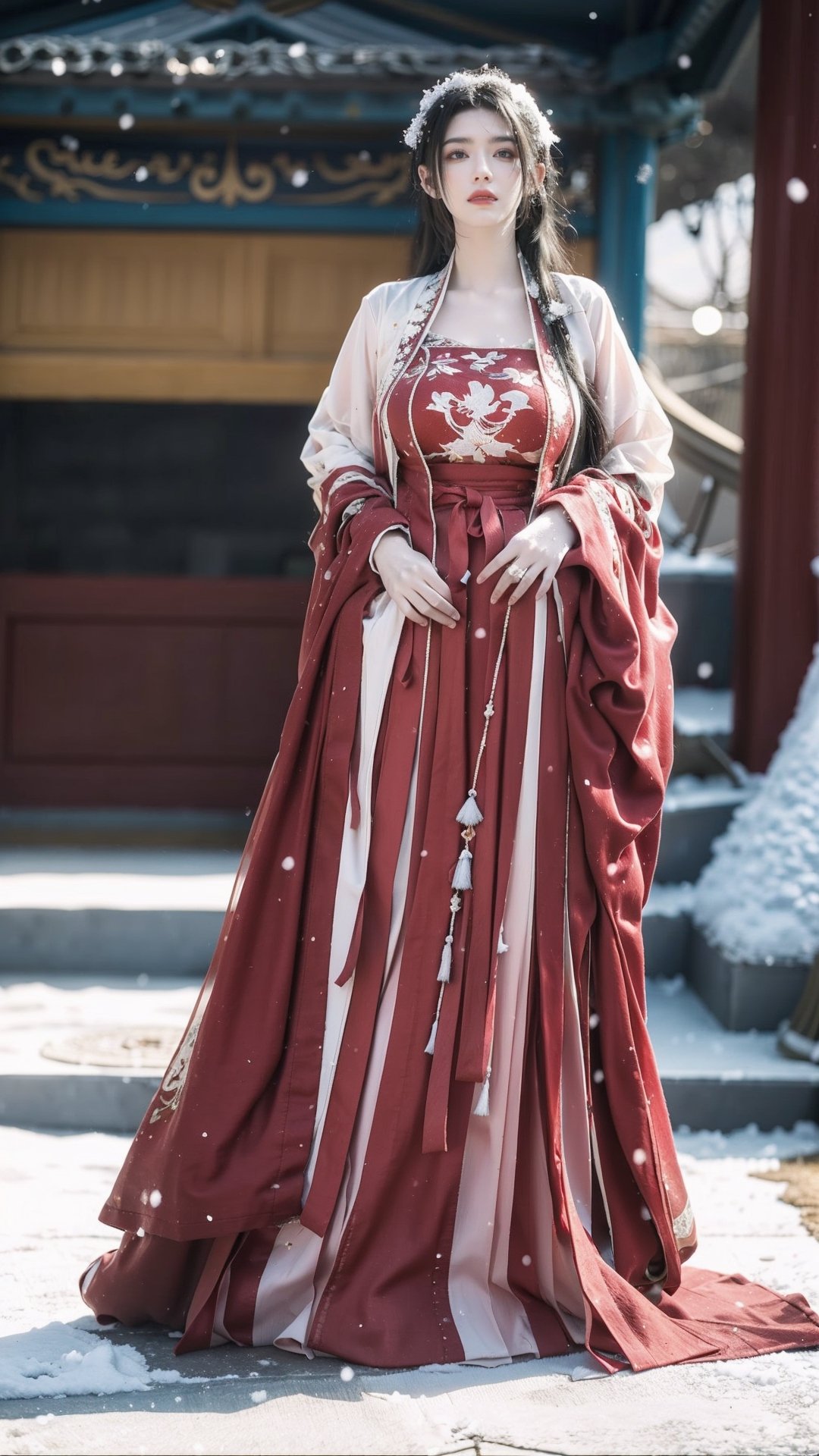 hanfu, Best Quality, masterpiece, (Snowing:1.5),1 girl, (long hair:1.2),  (big breasts:1.69),(Upper body photo:1.3),hanfu,18-year-old , exquisite , extreme face,creamy skin, fair skin,realistic skin details, (super-detail) , long hair, (big breasts:1.59),1girl,long skirt,long sleeves,flower,tangdynastyhanfu, hanfu2,myhanfu, chang,Sit on the steps, squat on the ground, hands on hips