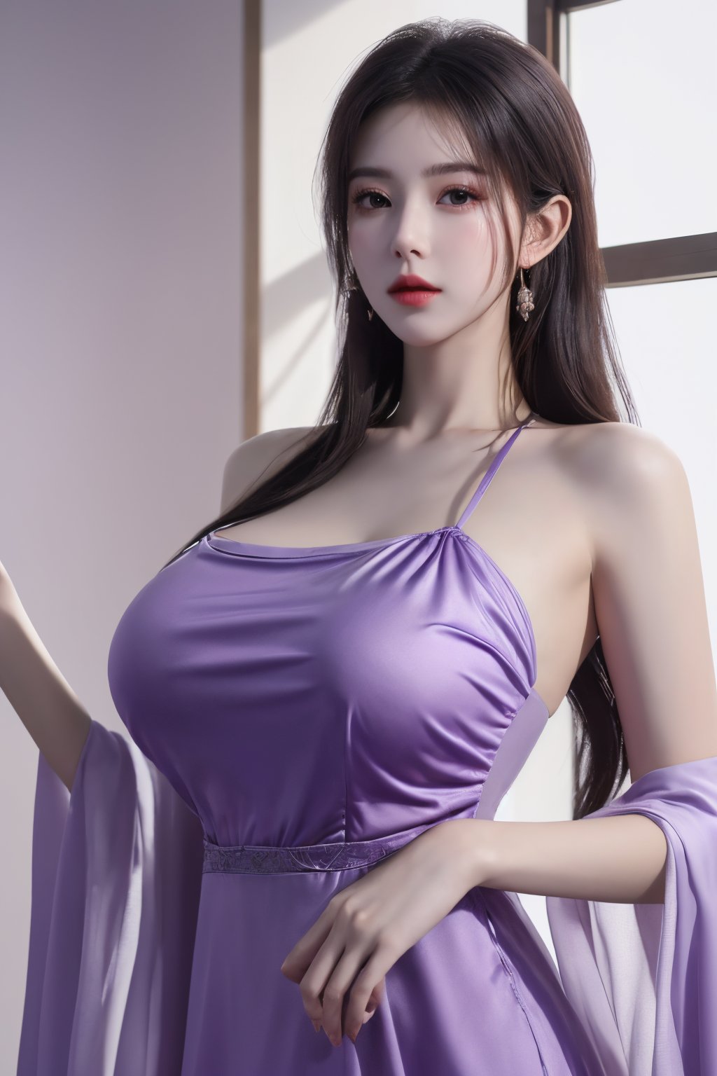 (8k, RAW photo, best quality, masterpiece:1.2), (realistic, photo-realistic:1.2)(raw photo) (extremely detailed CG unity 8k wallpaper) detailed and intricate, original,highres,[1girl:background:0.6],long hair,(long dress:1.23),looking at viewer,upper body,(light purple clothing:1.23),(big breasts:1.52),Xyunxiao,1girl,Xziling,underwear,Dudou