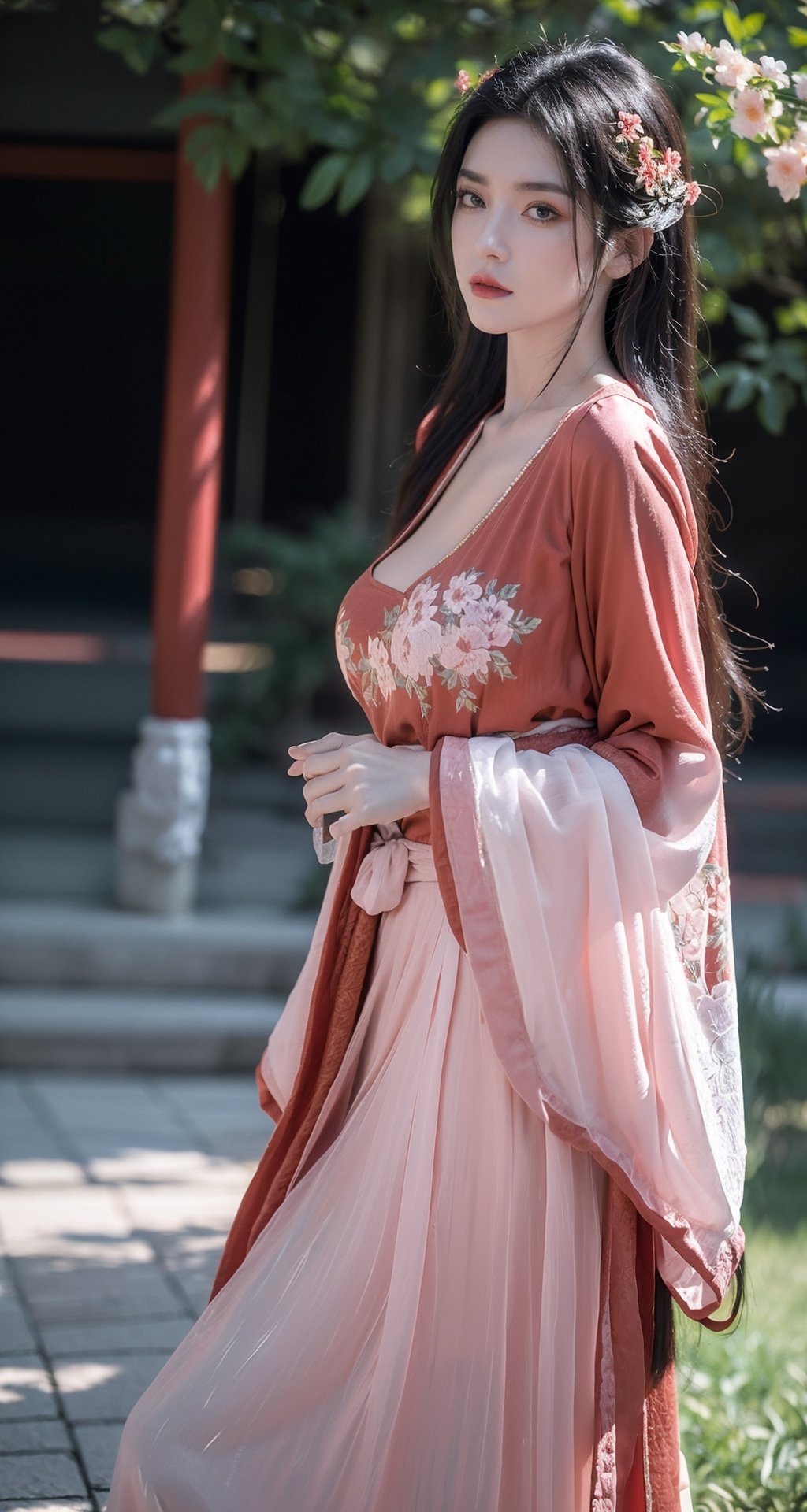 (hanfu),(floral print:1.3),(pink see-through shirt),(green see-through print long skirt),(long sleeves),1 girl,full body,(long hair:1.1),,(big breasts:1.6), (realistic:1.7),((best quality)),absurdres,(ultra high res),(photorealistic:1.6),photorealistic,octane render,(hyperrealistic:1.2), (photorealistic face:1.2), (8k), (4k), ,,(big breasts:1.5),(Masterpiece),(realistic skin texture), (illustration, cinematic lighting,wallpaper),( beautiful eyes:1.2),((((perfect face)))),(cute),(standing),(black hair),black eyes,red lips, outdoors, (chinese style buildings), ,hanfu,Agoon