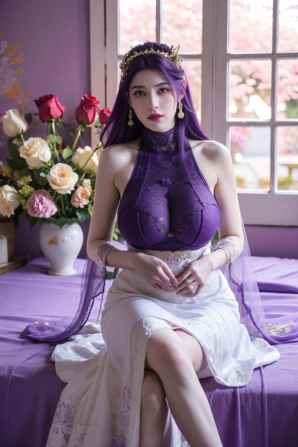 masterpiece,1girl,(mature female:0.5),tall body,full  body,golden proportions,(Kpop idol),(shiny skin:1.2),(oil skin:1.1),makeup,(close up),depth of field,(closed mouth:0.5),(purple hair:1.5),(very long hair:1.36),(puffy eyes),(eyelashes:1.1),(parted lips:1.1),red lipstick,fantasy art style,dreamy light,(purple wedding dress:1.59),(High Neck purple long wedding dress:1.39),(lace:1.49),perfect body,(purple dreamy veil:1.3),(dusk:1.2),(purple princess shoes:1.1),(diamond necklace),(crystal hairpin),tyndall effect,highres,(sitting on a bed:1.59),(The room is covered with colorful roses:1.79), (big breasts:2.59),(The background window is a seaside scenery with cherry blossoms in full bloom:1.69),(Purple themed room with purple decoration:1.59)