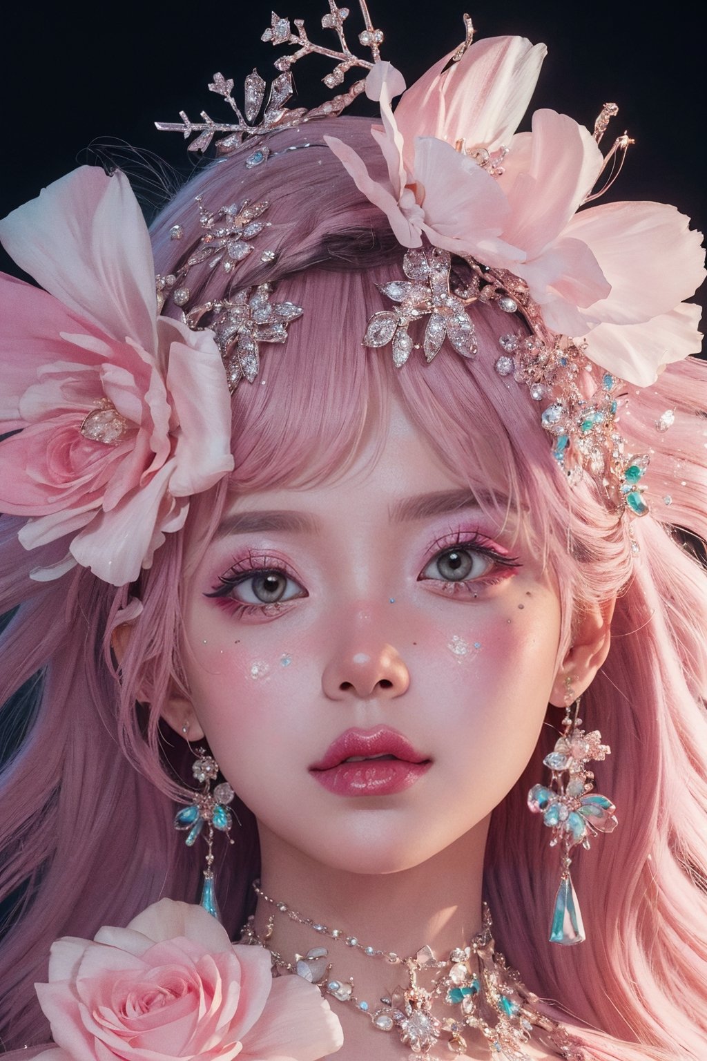 pink theme,  snowflakes,  looking at viewer,  portrait,  colorful hair,  jewelry,  close up,  ultra high res,  deep shadow, (best quality,  masterpiece),  dimly lit,  shade, highly detailed,  bold makeup,  flower,  simple background,  depth of field,  film grain,  fashion_girl,  accessories, High detailed, ,fashion_girl