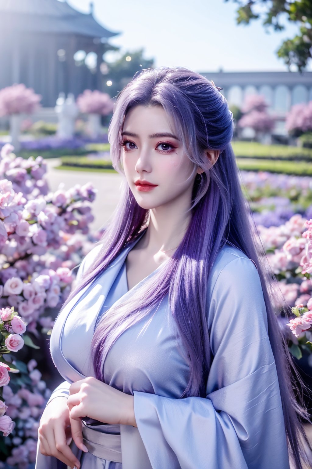 (masterpiece, best quality:1.2), highres, extremely detailed, 1 girl, purple hair, eye highlights,purple dress, frills, outdoors, flower, fluttering petals, upper body, depth of field,pastel color, Depth of field,garden of the sun,shiny,flowers, garden, 1girl, butterfly style, butterflies, ultra detailed, glary,Light, light particles,glitter,reflect,,(big breasts:1.39),Xyunxiao,sky_moon,hanfu