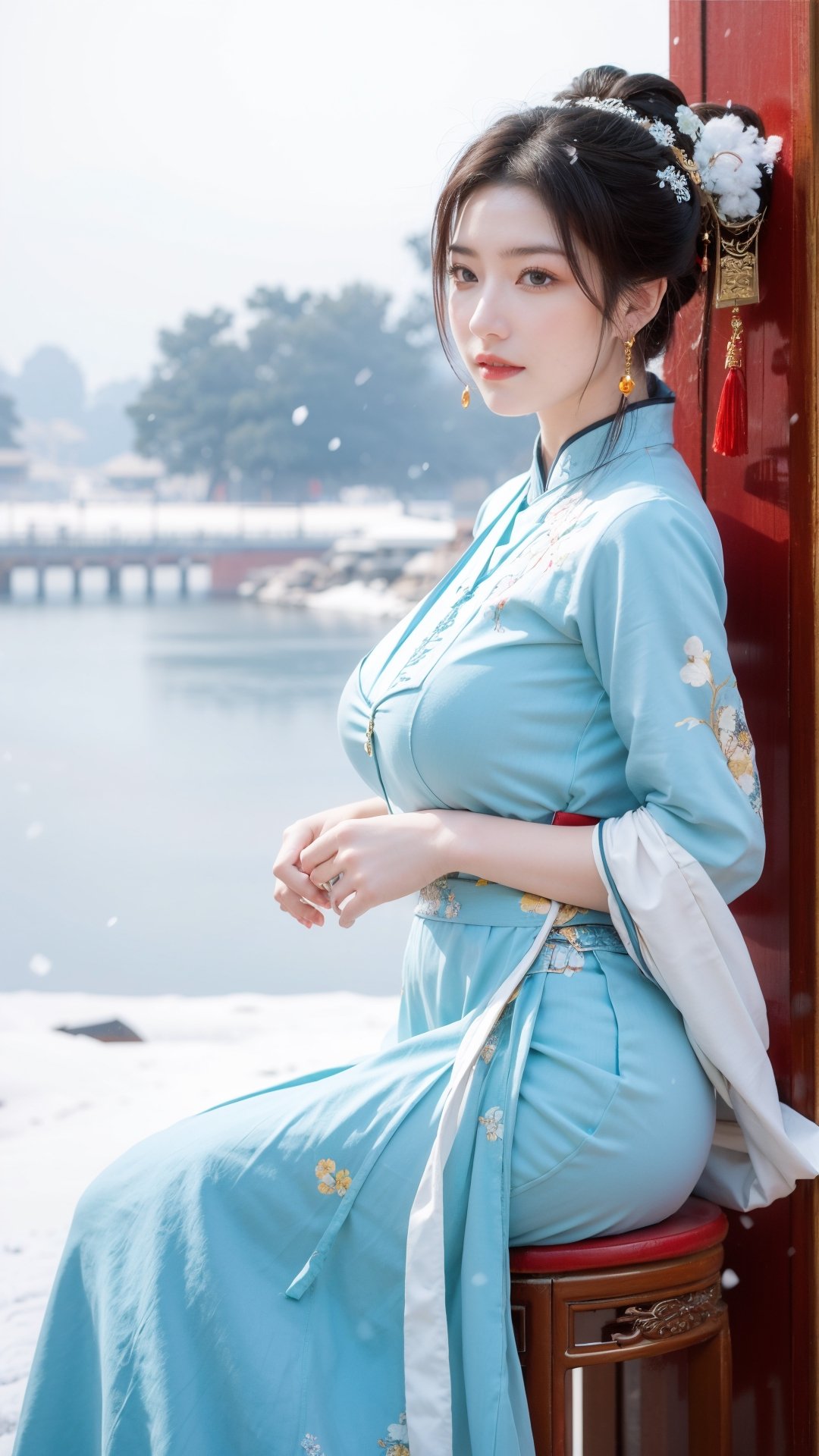 Masterpiece, Best Quality,young and beautiful Chinese girl wearing a cheongsam with coiled hair,wearing vintage Chinese earrings, (big breasts:1.3),1girl, half,(red|blue|yellow hanfu:1.2),arien_hanfu, 1girl, (falling_snow:1.3), looking_at_viewer, , (big breasts:1.39),Young beauty spirit 