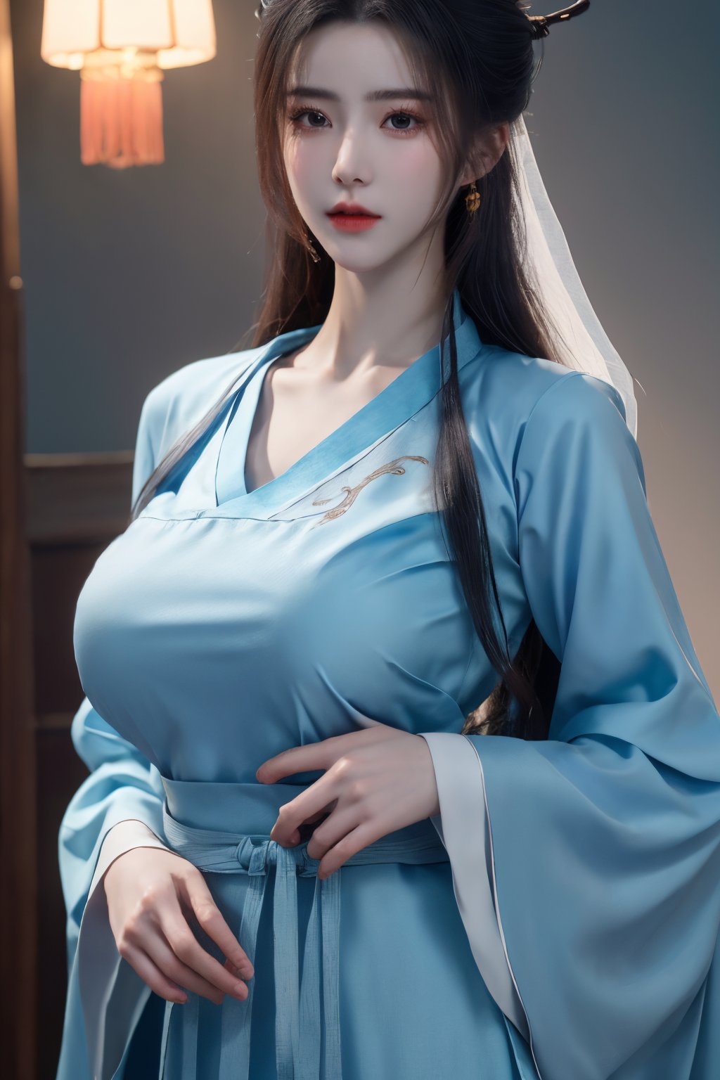 (8k, RAW photo, best quality, masterpiece:1.2), (realistic, photo-realistic:1.2)(raw photo) (extremely detailed CG unity 8k wallpaper) detailed and intricate, original,highres,1girl,long hair,(hanfu dress:1.23),looking at viewer,upper body,(light blue clothing:1.29),(big breasts:1.52),Xyunxiao,1girl,Xziling,underwear,Dudou