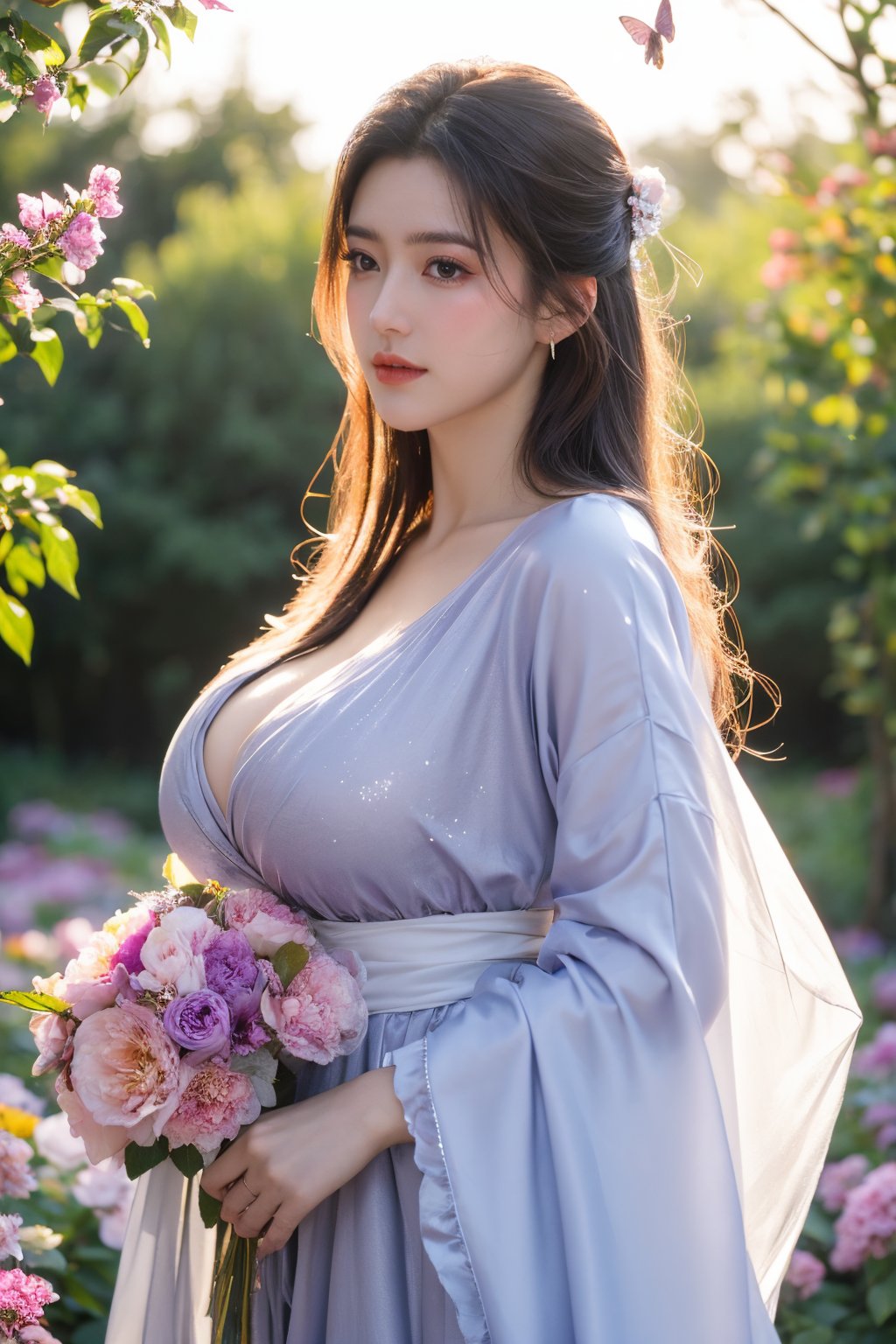 (masterpiece, best quality:1.2), highres, extremely detailed, 1 girl, long hair, eye highlights,purple dress, frills, outdoors, flower, fluttering petals, upper body, depth of field,pastel color, Depth of field,(garden of the sun,shiny,flowers, garden, 1girl, butterfly style, butterflies:1.23), ultra detailed, glary,Light, light particles,glitter,reflect,,(big breasts:1.52),Xyunxiao,full_moon,hanfu