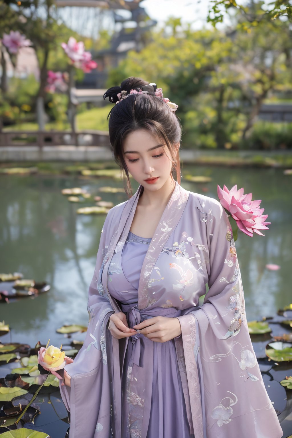 (masterpiece, best quality:1.2), highres, extremely detailed, 1 girl, purple hair, eye highlights,(light purple hanfu dress:1.33), frills, outdoors, flower, fluttering petals, upper body, depth of field,pastel color, Depth of field,garden of the sun,shiny,flowers, garden, 1girl, butterfly style, butterflies, ultra detailed, glary,Light, light particles,glitter,reflect,(Ancient Chinese pattern embroidery:1.59),(big breasts:1.76),Xyunxiao,(pink lotus,Lotus Pond:1.59),(Background Chinese ancient architecture:1.29)