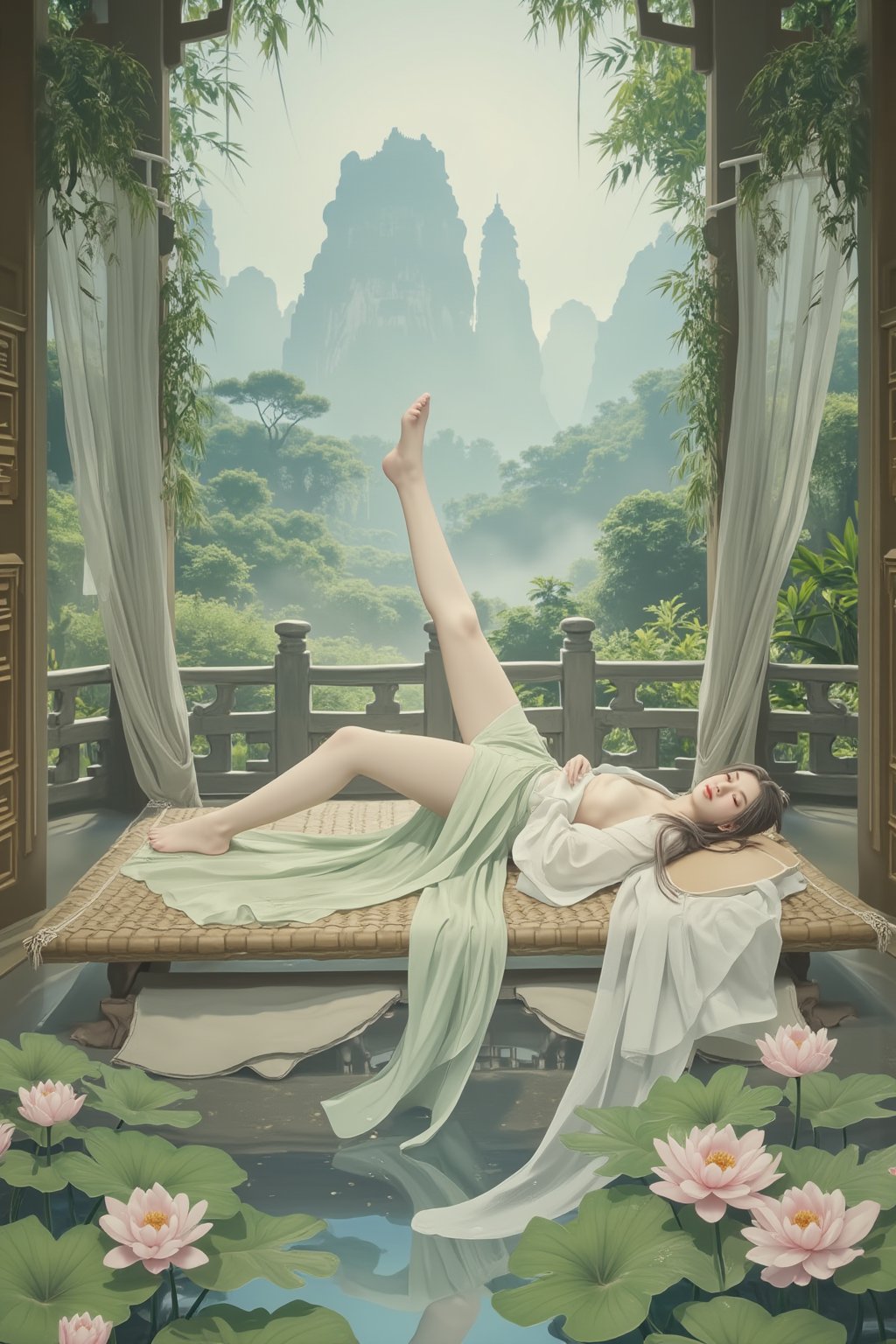 (nude,nsfw:2),((1girl)),solo,lying on back on bamboo mat bed in garden,paper fan,thin hanfu,foggy,(curtain),(bamboo forest),(huge breasts:2.2),(nude,nsfw:2.1),(Spread your legs and expose your vagina:1.55),tiles roof,translucent silk chiffon hanfu,light green and white,off shoulders,chinese painting,gongbi style,water_color,(grapevineman:1.4),(trees, artificial mountain, green lotus  leaves,light pink lotus flowers),koi,wooden windows,doors,bed,stone,trandional architecture,temple,tower,wall,chinese garden,long hair,full body,flat breasts,covered nipples,bangs,(masterpiece, Extremely detailed, best quality, highres:1.2),(ultra_detailed, UHD:1.2),soft smile,nsfw,huyefo,1girl,see-through,sagging breasts,pussy,bsp,daxiushan,daxiushan style,xxmixgirl