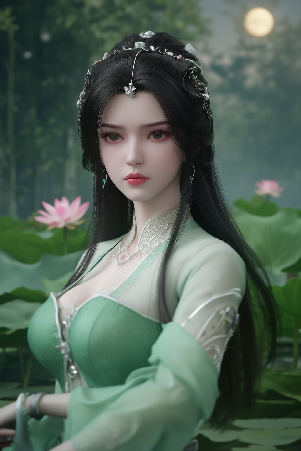 (8k, RAW photo, best quality, masterpiece:1.2), (realistic, photo-realistic:1.2)(raw photo) , detailed and intricate, original,highres,looking at viewer,upper body,black hair,BREAK,(light green 
 clothing:1.39),(huge breasts:2.29),Xyunxiao,1girl,(full moon,Peony:1.36),BREAK,( Chinese Phoenix pattern embroidery:1.26),Xxiaolongnv,Xlimuwan,Xjiuweihu,(Mid-Autumn Festival theme, moon cakes, jade rabbit, lanterns, fireworks:1.36), (lotus, lotus pond:1.39)