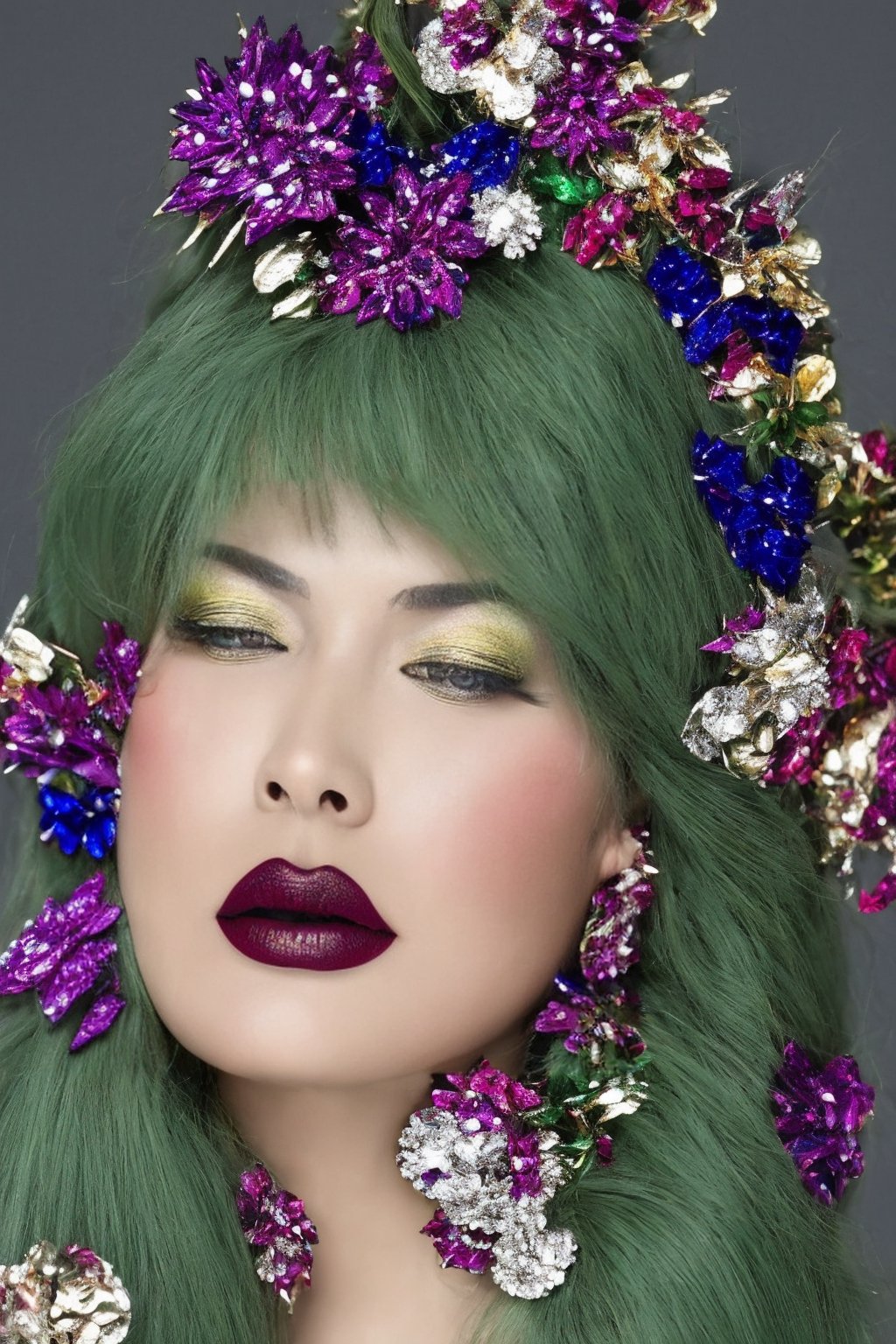 green theme,  snowflakes,  looking at viewer,  portrait,  colorful hair,  jewelry,  close up,  ultra high res,  deep shadow, (best quality,  masterpiece),  dimly lit,  shade, highly detailed,  bold makeup,  flower,  simple background,  depth of field,  film grain,  fashion_girl,  accessories, High detailed, ,fashion_girl