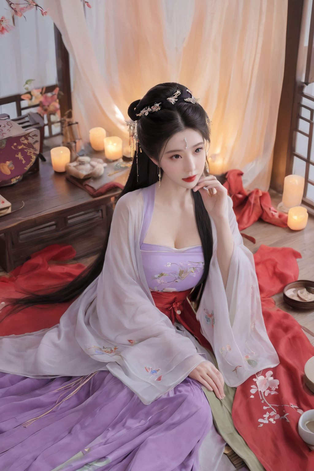 (masterpiece, best quality:1.2),1girl, solo, long hair, black hair,Hairpins,necklace, hair ornament, dress, full body, flower, earrings, indoors, hair bun, (red-Purple-green dress:1.29),(Tube top Hanfu long skirt:1.1), pillow, bed, night, chinese clothes, table, branch,daxiushan, ,daxiushan style,(huge breasts:2.33), (full breasts:1.79), realistic,hanfu, daxiushan,Shoulders are exposed, , daxiushan, arien_hanfu, FilmGirl,Xziling,More Reasonable Details