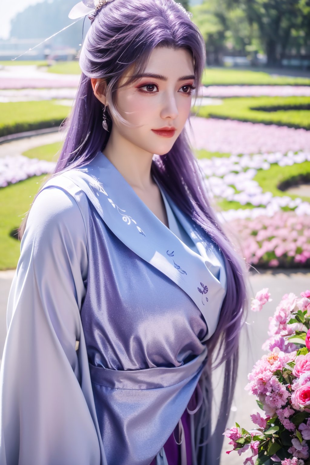 (masterpiece, best quality:1.2), highres, extremely detailed, 1 girl, purple hair, eye highlights,purple dress, frills, outdoors, flower, fluttering petals, upper body, depth of field,pastel color, Depth of field,garden of the sun,shiny,flowers, garden, 1girl, butterfly style, butterflies, ultra detailed, glary,Light, light particles,glitter,reflect,,(big breasts:1.39),Xyunxiao,sky_moon,hanfu