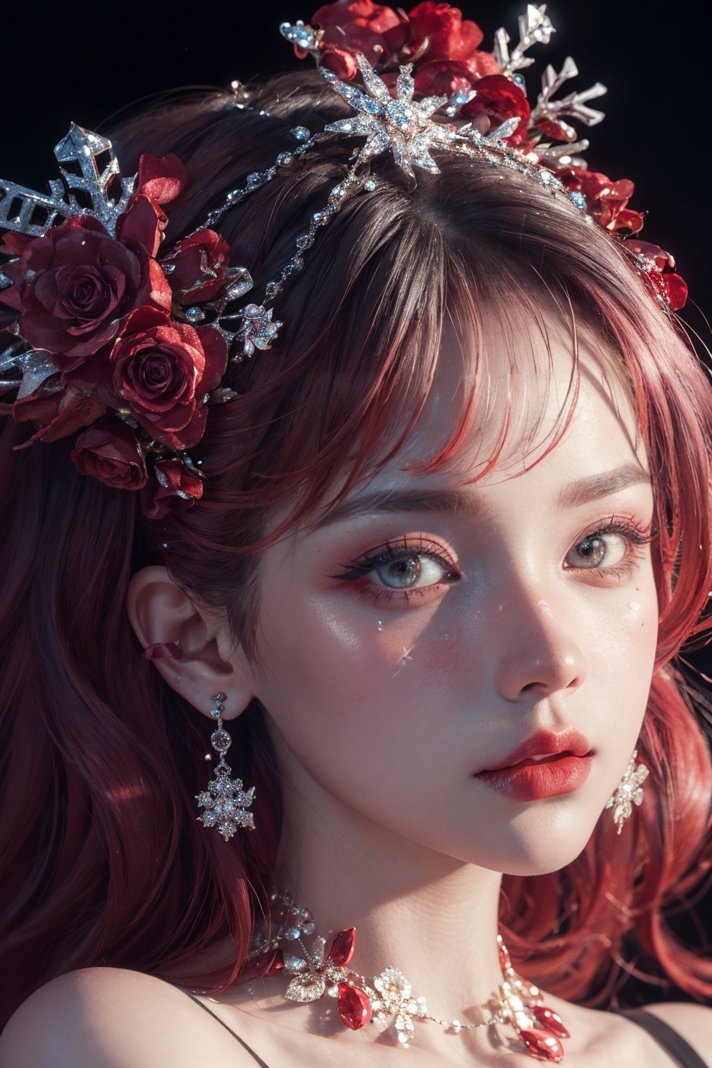 red theme,  snowflakes,  looking at viewer,  portrait,  colorful hair,  jewelry,  close up,  ultra high res,  deep shadow, (best quality,  masterpiece),  dimly lit,  shade, highly detailed,  bold makeup,  flower,  solid color background,  depth of field,  film grain,  fashion_girl,  accessories, High detailed, ,fashion_girl,dream_girl