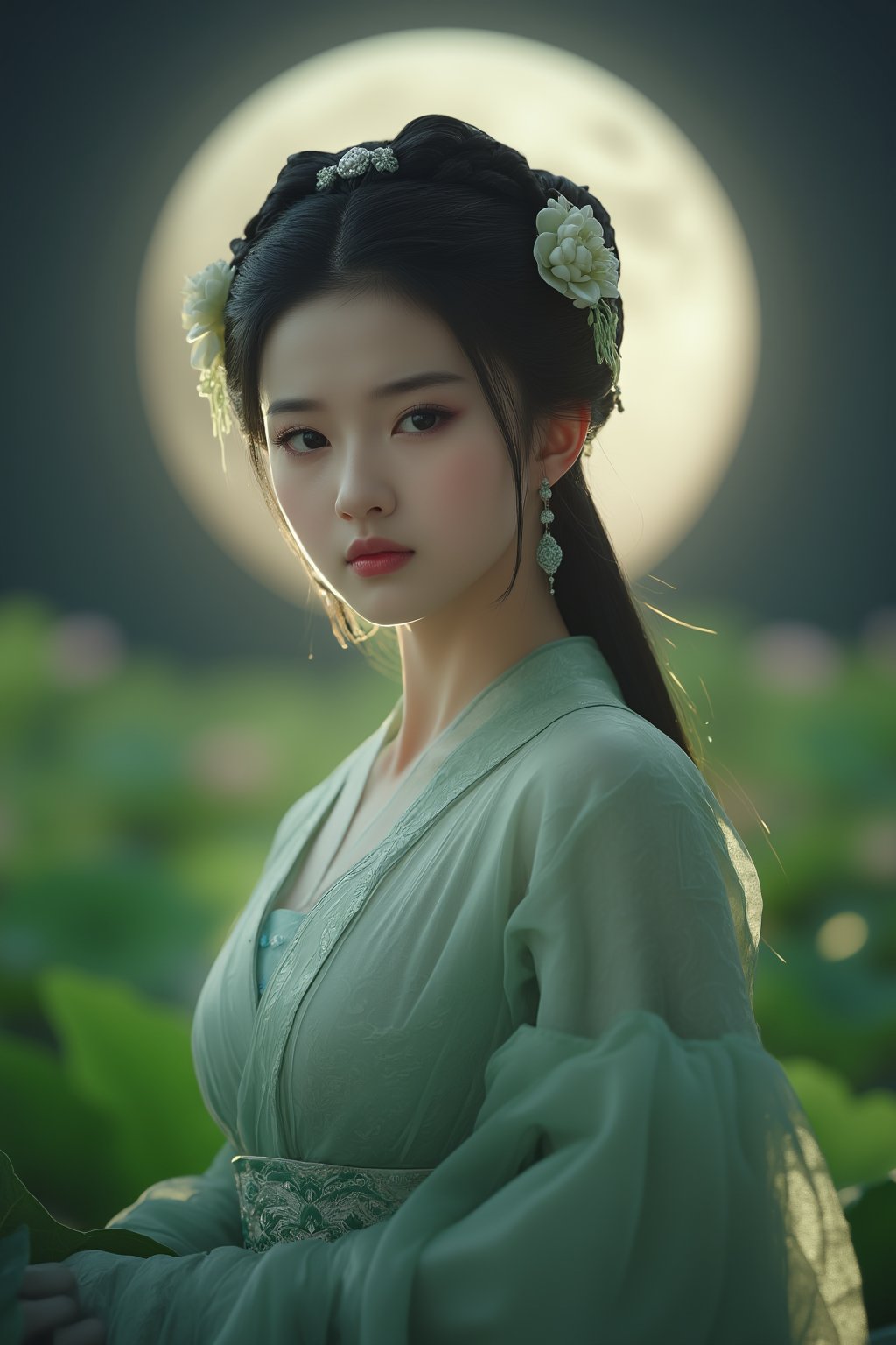 (8k, RAW photo, best quality, masterpiece:1.2), (realistic, photo-realistic:1.2)(raw photo) , detailed and intricate, original,highres,looking at viewer,upper body,black hair,BREAK,(light green 
 clothing:1.39),(huge breasts:2.29),Xyunxiao,1girl,(full moon,Peony:1.36),BREAK,( Chinese Phoenix pattern embroidery:1.26),Xxiaolongnv,Xlimuwan,Xjiuweihu,(Mid-Autumn Festival theme, moon cakes, jade rabbit, lanterns, fireworks:1.36), (lotus, lotus pond:1.39)