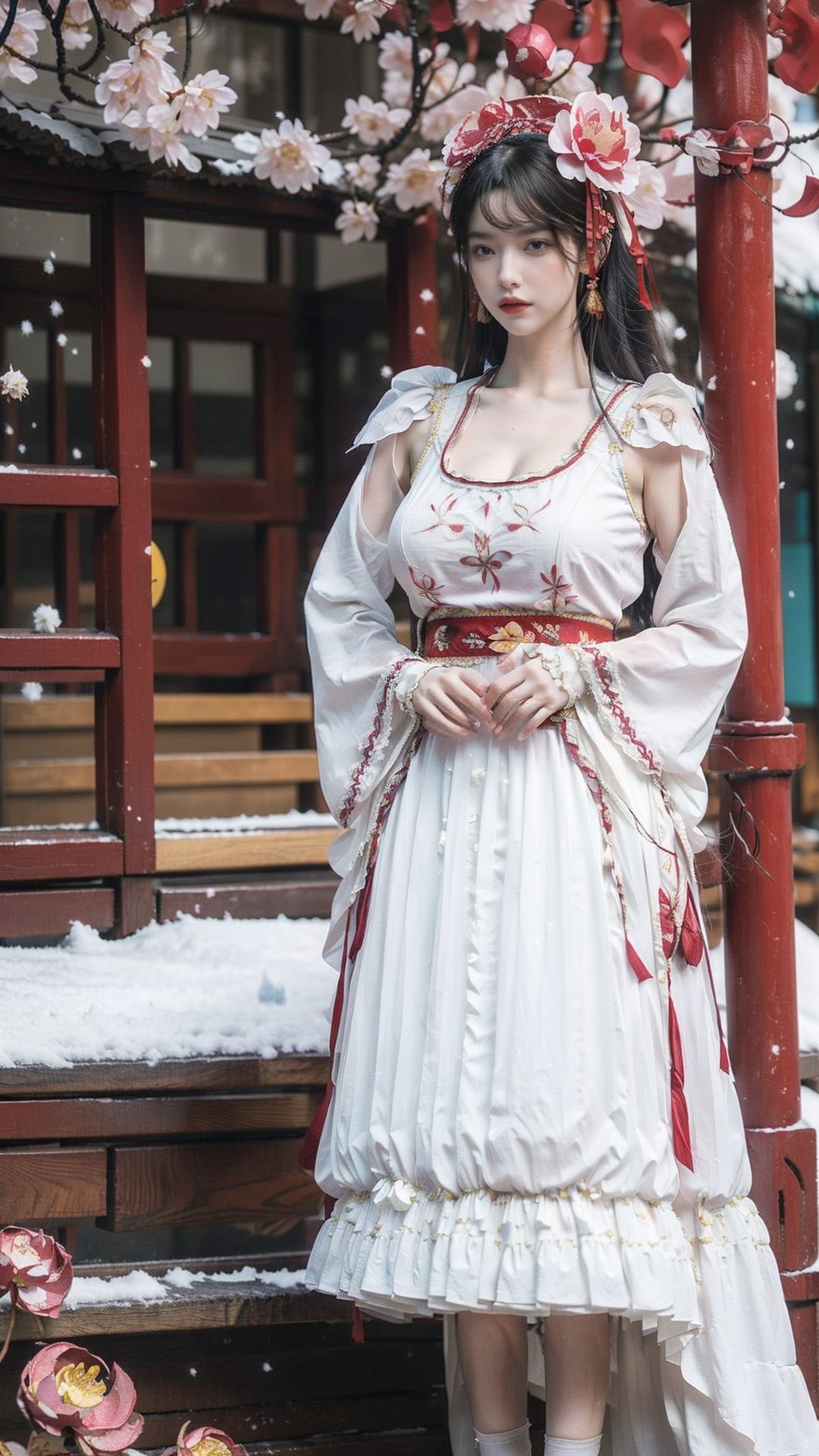 hanfu, Best Quality, masterpiece, (Snowing:1.3),1 girl, (long hair:1.2),  (big breasts:1.89),(Upper body photo:1.3),hanfu,18-year-old , exquisite , extreme face,creamy skin, fair skin,realistic skin details, (super-detail) , long hair, (big breasts:1.69),1girl,long skirt,long sleeves,(Peony flowers, plum blossoms:1.5),(flower:1.3),tangdynastyhanfu, hanfu2,myhanfu, chang,Sit on the steps, hands on hips,embroidered flower patterns,hanfulolita,Chinese style, Huge flowers