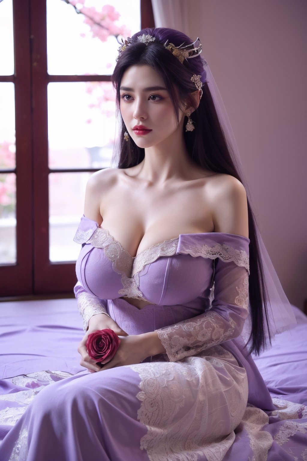 masterpiece,1girl,(mature female:0.5),tall body,full  body,golden proportions,(Kpop idol),(shiny skin:1.2),(oil skin:1.1),makeup,(close up),depth of field,(closed mouth:0.5),(purple long hair:1.5),(very long hair:1.36),(puffy eyes),(eyelashes:1.1),(parted lips:1.1),red lipstick,fantasy art style,dreamy light,(purple wedding dress:1.59),(Off Shoulder purple long wedding dress:1.39),(lace:1.49),perfect body,(purple dreamy veil:1.3),(dusk:1.2),(purple princess shoes:1.1),(diamond necklace),(crystal hairpin),tyndall effect,highres,(sitting on a bed:1.59),(The room is covered with colorful roses:1.79), (big breasts:2.59),(The background window is a seaside scenery with cherry blossoms in full bloom:1.69),(Purple themed room with purple decoration:1.59)