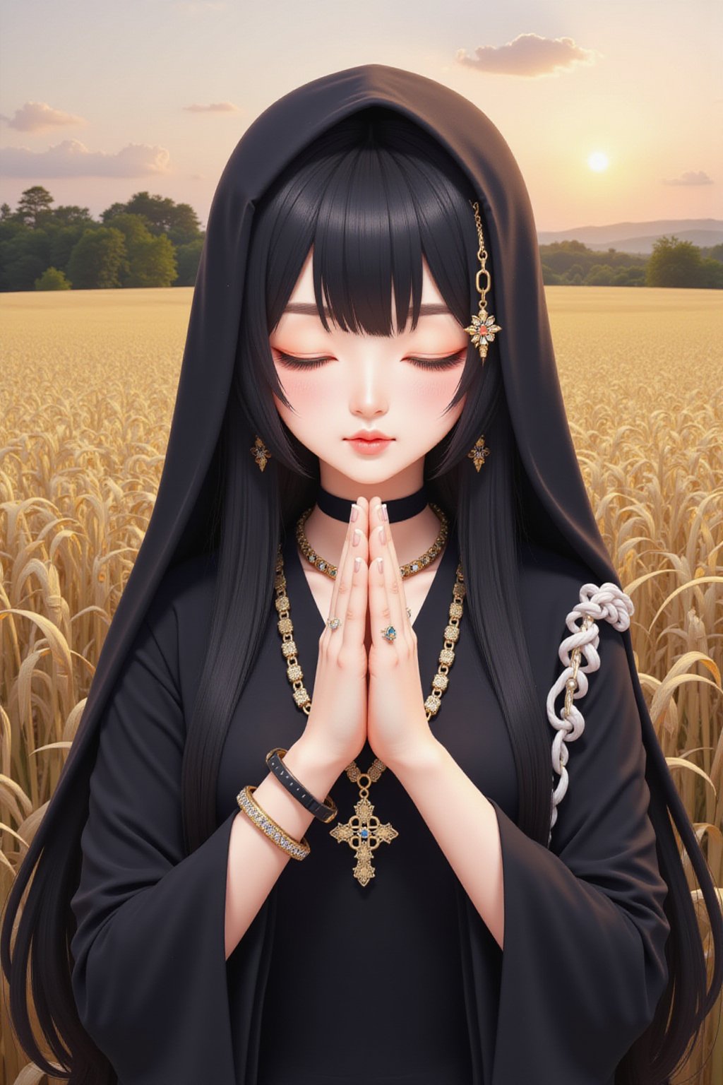 1girl, solo, long hair, black hair, hair ornament, long sleeves, dress, jewelry, closed mouth, closed eyes, upper body, earrings, necklace, bracelet, ring, own hands together, veil, red lips, praying,Midjourney_Whisper,Made of adrr-zllj,landscape,wonder beauty