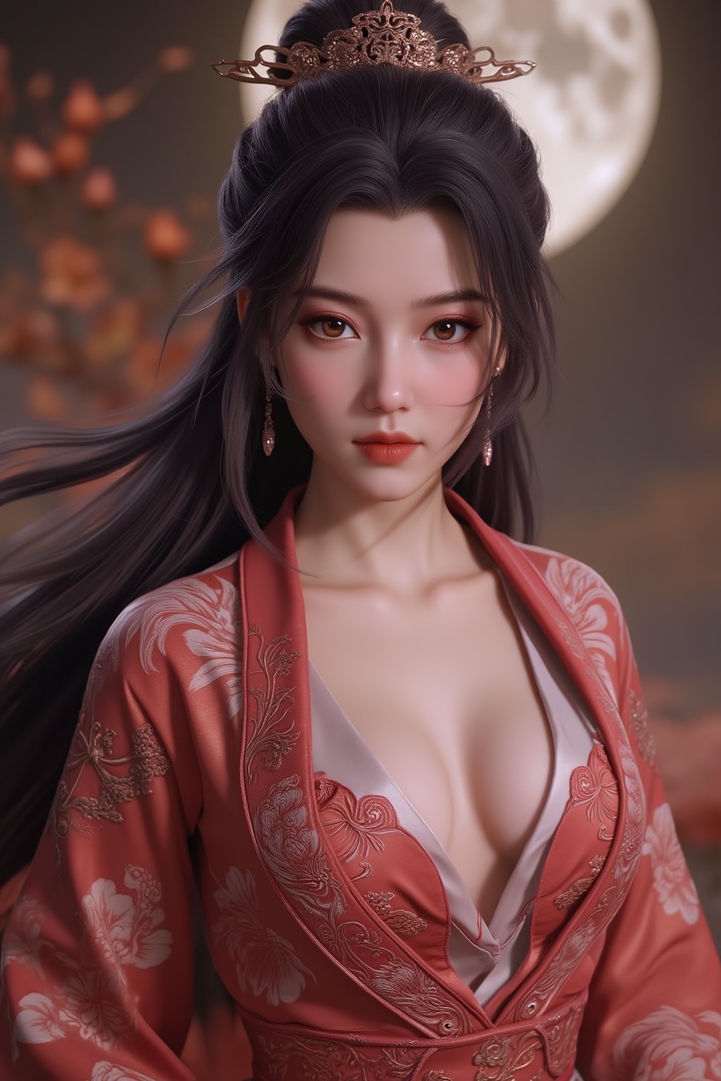 (8k, RAW photo, best quality, masterpiece:1.2), (realistic, photo-realistic:1.2)(raw photo) , detailed and intricate, original,highres,looking at viewer,upper body,black hair,BREAK,(light red Holographic 
 clothing:1.29),(huge breasts:1.82),Xyunxiao,1girl,(full moon,Peony:1.36),BREAK,(Holographic color Chinese Phoenix pattern embroidery:1.26)