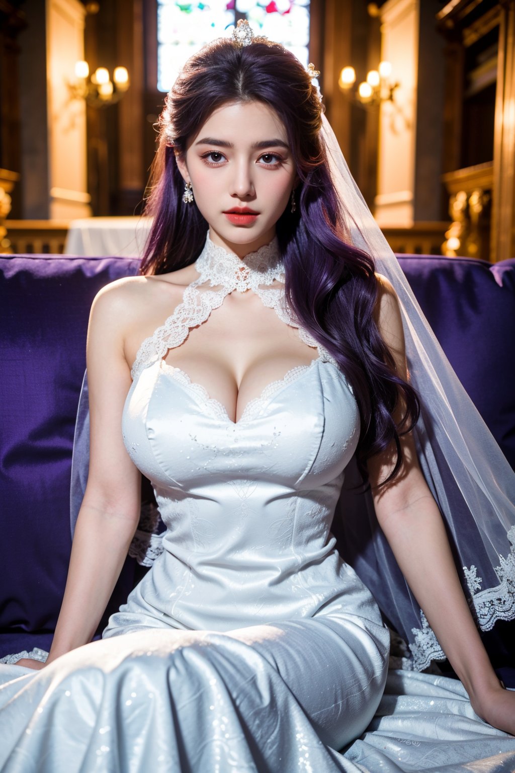 masterpiece,1girl,(mature female:0.5),tall body,golden proportions,(Kpop idol),(shiny skin:1.2),(oil skin:1.1),makeup,(close up),(church background:1.2),depth of field,(closed mouth:0.5),((long wavy purple hair)),(puffy eyes),(eyelashes:1.1),(parted lips:1.1),red lipstick,fantasy art style,dreamy light,(high neck purple wedding dress:1.33),(lace long wedding dress:1.39),perfect body,(dreamy veil:1.3),(dusk:1.2),princess shoes,(diamond necklace),(crystal hairpin),tyndall effect,highres,(Sit on the sofa:1.3),(big breasts:1.68),