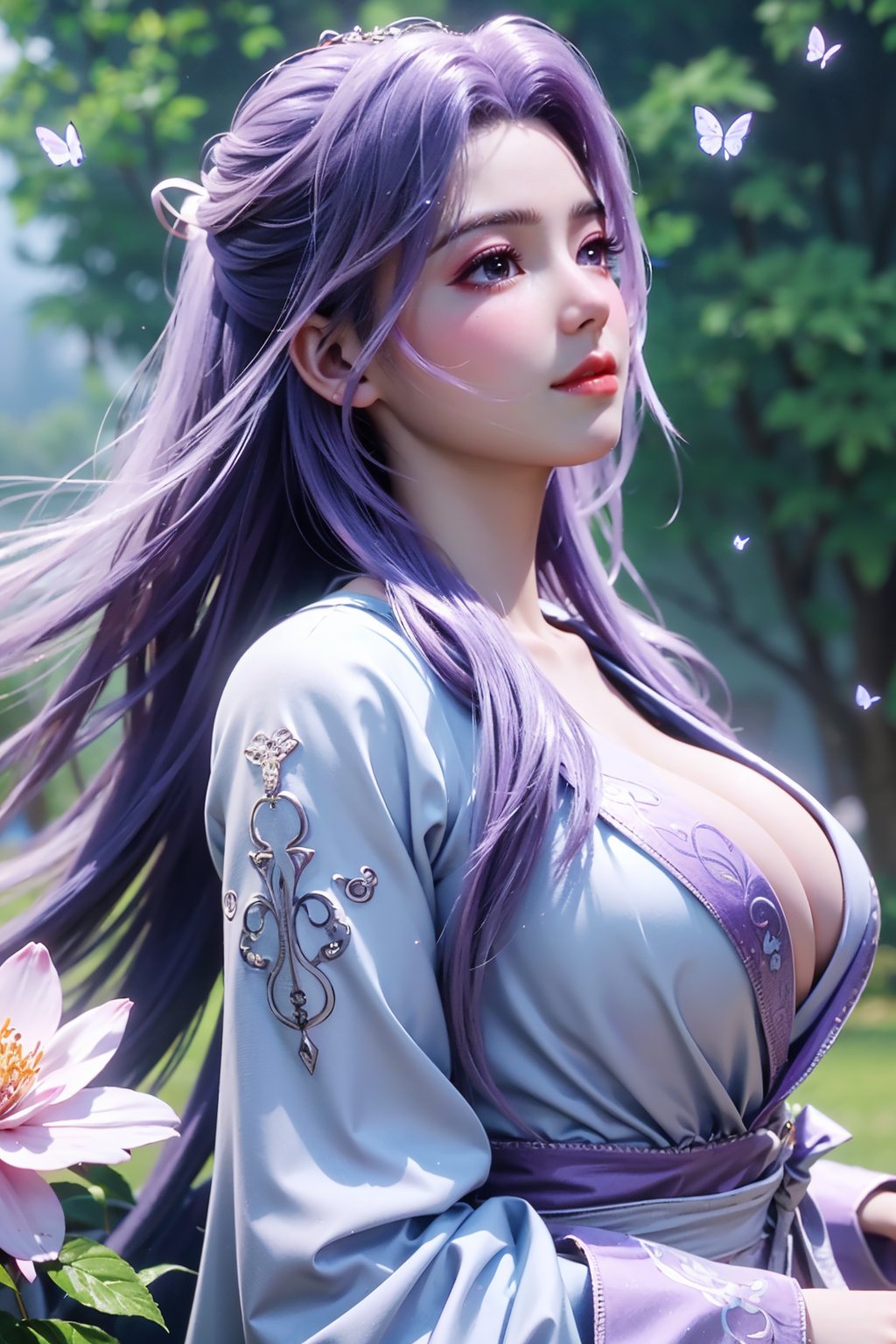 (masterpiece, best quality:1.2), highres, extremely detailed, 1 girl, purple hair, eye highlights,purple dress, frills, outdoors, flower, fluttering petals, upper body, depth of field,pastel color, Depth of field,garden of the sun,shiny,flowers, garden, 1girl, butterfly style, butterflies, ultra detailed, glary,Light, light particles,glitter,reflect,,(big breasts:1.39),Xyunxiao,sky_moon,hanfu