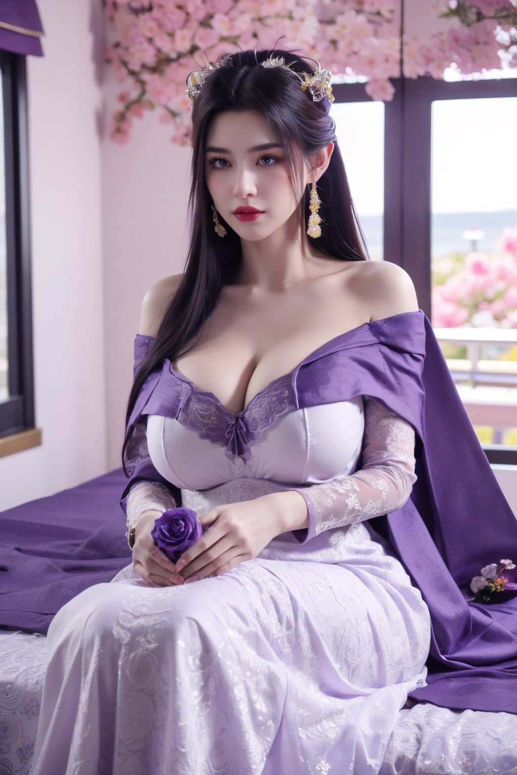 masterpiece,1girl,(mature female:0.5),tall body,full  body,golden proportions,(Kpop idol),(shiny skin:1.2),(oil skin:1.1),makeup,(close up),depth of field,(closed mouth:0.5),(purple long hair:1.5),(very long hair:1.36),(puffy eyes),(eyelashes:1.1),(parted lips:1.1),red lipstick,fantasy art style,dreamy light,(purple wedding dress:1.59),(Off Shoulder purple long wedding dress:1.39),(lace:1.49),perfect body,(purple dreamy veil:1.3),(dusk:1.2),(purple princess shoes:1.1),(diamond necklace),(crystal hairpin),tyndall effect,highres,(sitting on a bed:1.59),(The room is covered with colorful roses:1.79), (big breasts:2.59),(The background window is a seaside scenery with cherry blossoms in full bloom:1.69),(Purple themed room with purple decoration:1.59)