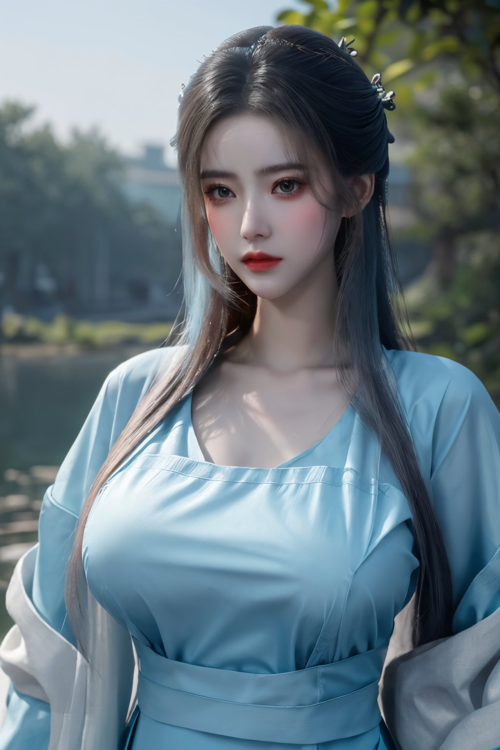 (8k, RAW photo, best quality, masterpiece:1.2), (realistic, photo-realistic:1.2)(raw photo) (extremely detailed CG unity 8k wallpaper) detailed and intricate, original,highres,1girl,long hair,(hanfu dress:1.23),looking at viewer,upper body,(light blue clothing:1.29),(big breasts:1.52),Xyunxiao,1girl,Xziling,underwear,Dudou,