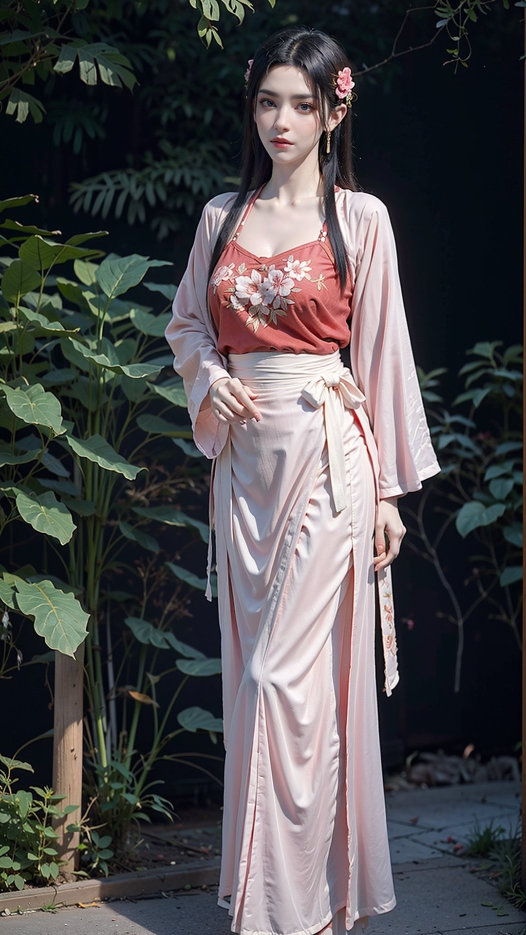 ,(hanfu),(floral print:1.3),(pink see-through shirt),(green see-through print long skirt),(long sleeves),1 girl,full body,(long hair:1.1),,(big breasts:1.2), (realistic:1.7),((best quality)),absurdres,(ultra high res),(photorealistic:1.6),photorealistic,octane render,(hyperrealistic:1.2), (photorealistic face:1.2), (8k), (4k), (Masterpiece),(realistic skin texture), (illustration, cinematic lighting,wallpaper),( beautiful eyes:1.2),((((perfect face)))),(cute),(standing),(black hair),black eyes,red lips, outdoors, (chinese style buildings), ,hanfu,Agoon