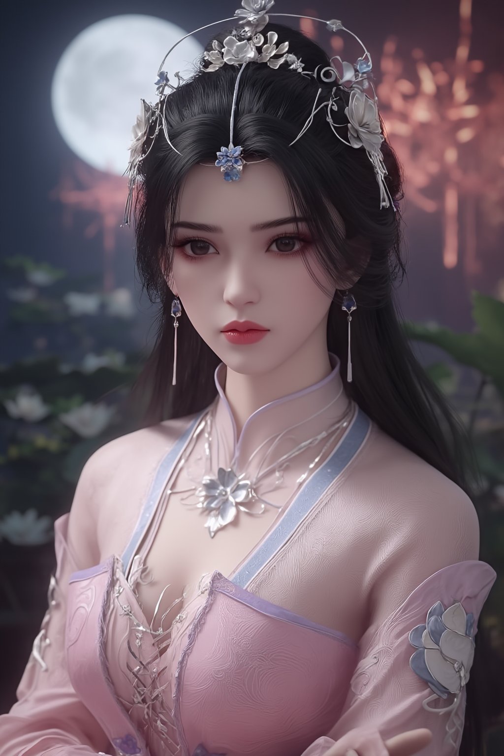 (8k, RAW photo, best quality, masterpiece:1.2), (realistic, photo-realistic:1.2)(raw photo) , detailed and intricate, original,highres,looking at viewer,upper body,black hair,BREAK,(light pink 
 clothing:1.39),(huge breasts:2.29),Xyunxiao,1girl,(full moon,Peony:1.36),BREAK,(Holographic color Chinese Phoenix pattern embroidery:1.26),Xxiaolongnv,Xlimuwan,Xjiuweihu,(Mid-Autumn Festival theme, moon cakes, jade rabbit, lanterns, fireworks:1.36), (lotus, lotus pond:1.39)