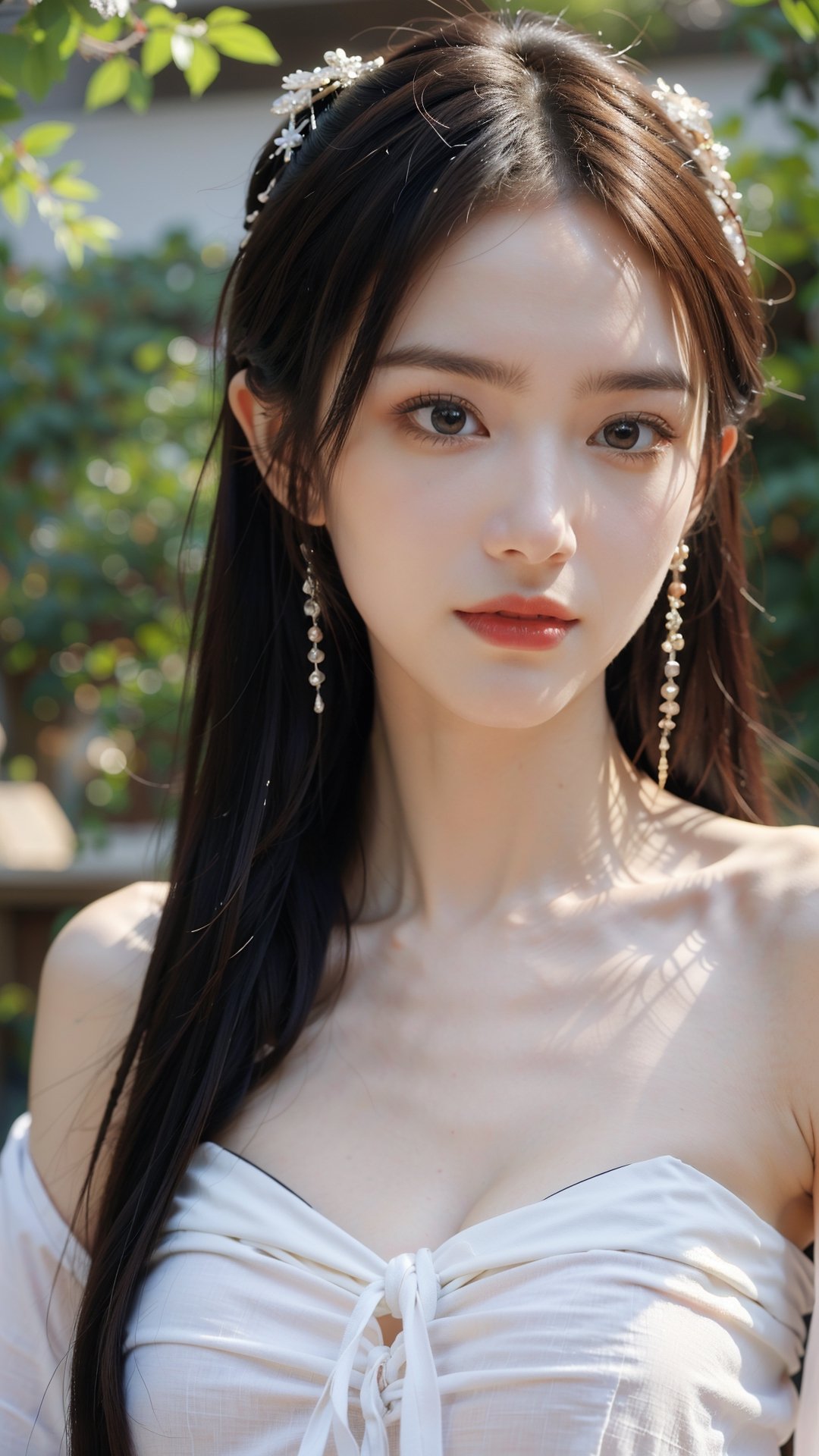 hanfu2, Best Quality, masterpiece, Super High Resolution, (realistic: 1.4) , original photo, 1 girl, (long hair:1.2),  (big breasts:1.5),hanfu,facial highlight, pure beauty, girlish, flush, 18-year-old, 18-year-old smiling female classmate, pure beauty, naive, (best quality, 8k, Masterpiece: 1.3) , oval face, big eyes, long eyelashes, exquisite (realistic style) , star-like eyes, extreme face, photo-level lighting, sharp features, creamy skin, fair skin, high-detail skin, realistic skin details, visible pores, (super-detail) , (perfect body: 1.1) , long hair, (dynamic pose) , (dynamic background (volume light: 1.3)) , breasts,1girl