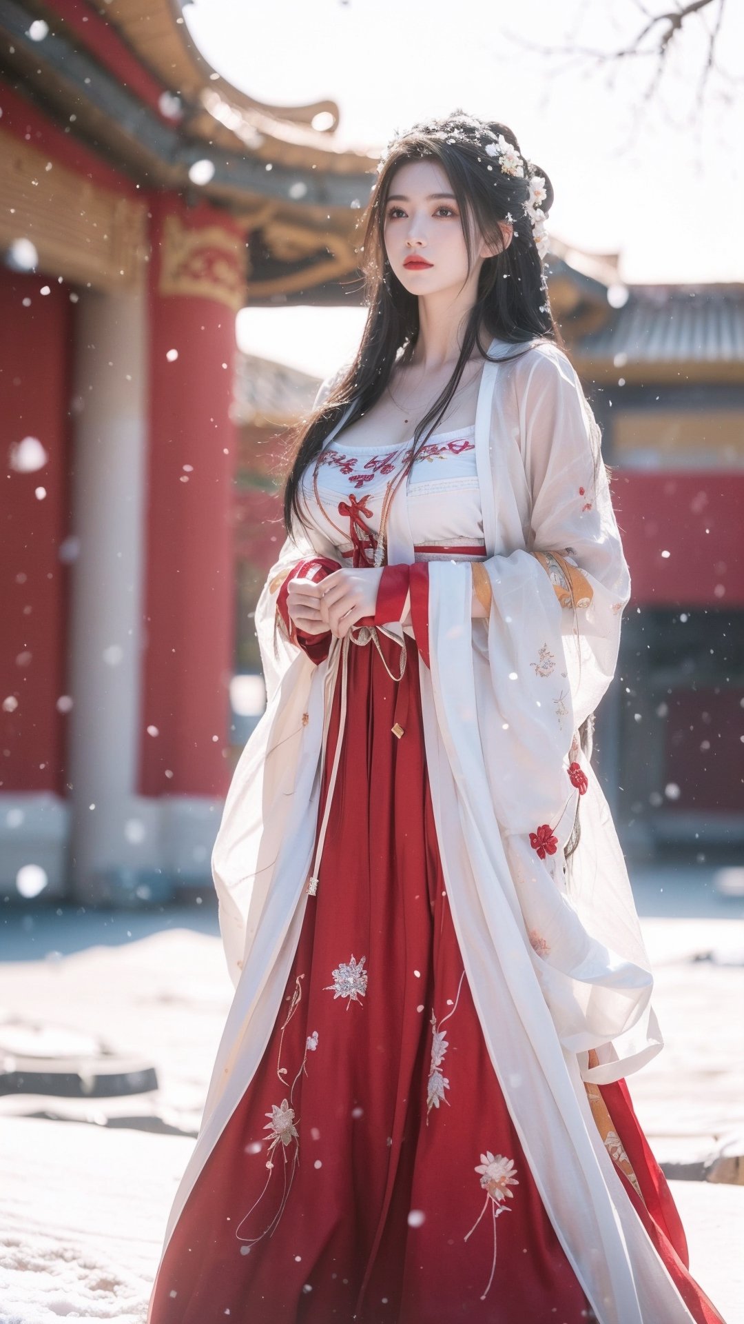 hanfu2, Best Quality, masterpiece, Super High Resolution, (realistic: 1.4) , (Snowing:1.5), 1 girl, (long hair:1.2),  (big breasts:1.59),hanfu,18-year-old,  (best quality, 8k, Masterpiece: 1.3) , exquisite (realistic style) , extreme face, photo-level lighting,  creamy skin, fair skin, high-detail skin, realistic skin details, visible pores, (super-detail) , (perfect body: 1.1) , long hair, (dynamic pose:1.3) , (big breasts:1.6),1girl,long skirt,long sleeves,HOG_Calligraphy_Tatoo,myhanfu,moyou,embroidered flower patterns,tangdynastyhanfu