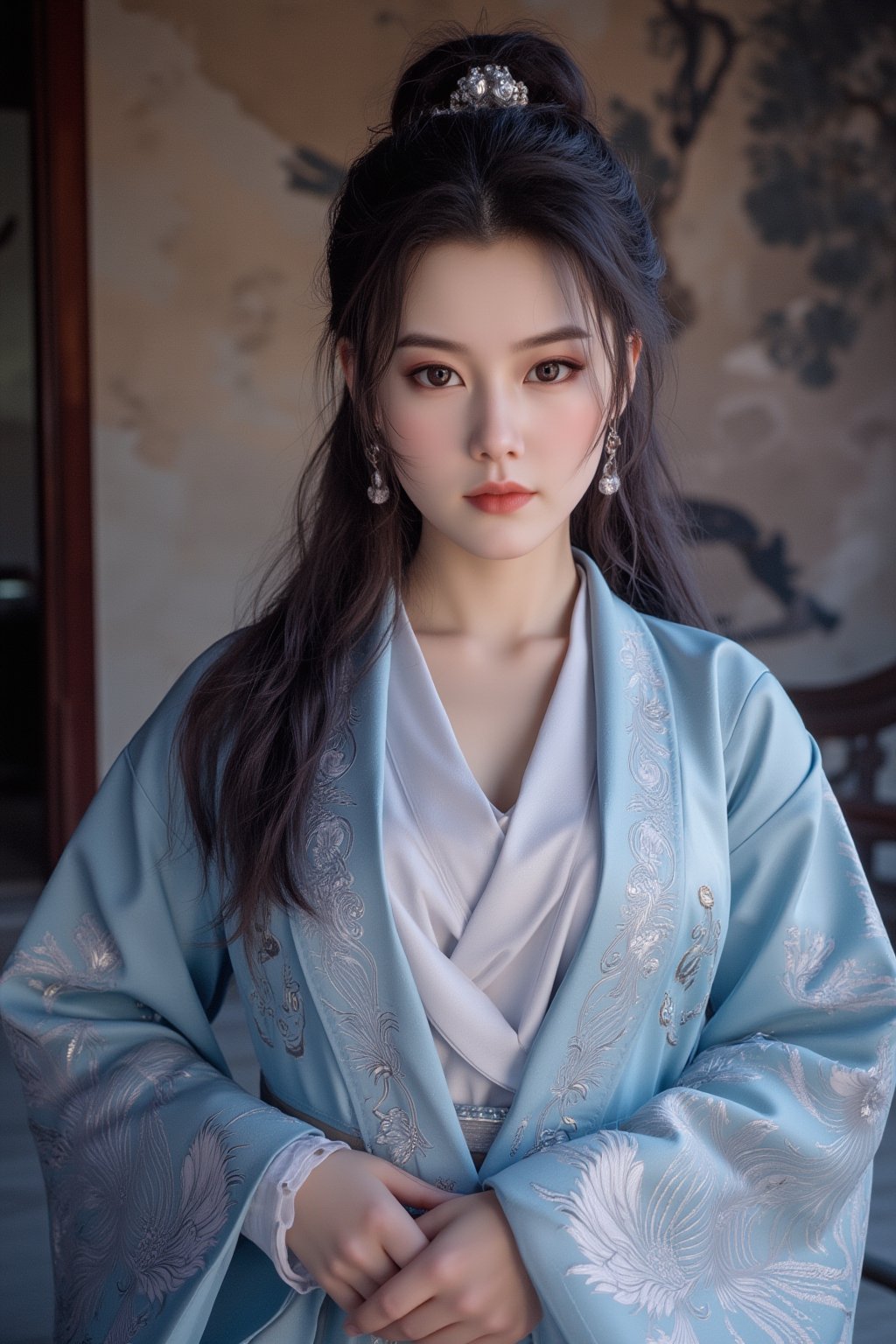 (8k, RAW photo, best quality, masterpiece:1.2), (realistic, photo-realistic:1.2)(raw photo) , detailed and intricate, original,highres,looking at viewer,upper body,black hair,BREAK,(light blue hanfu:1.29),(huge breasts:2.39),Xyunxiao,1girl,(full moon,Peony:1.36),BREAK,(Chinese Phoenix pattern embroidery:1.26),wonder beauty