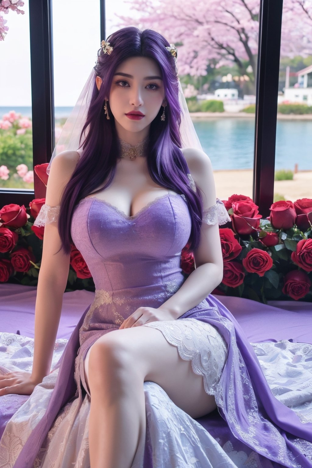 masterpiece,1girl,(mature female:0.5),tall body,full  body,golden proportions,(Kpop idol),(shiny skin:1.2),(oil skin:1.1),makeup,(close up),depth of field,(closed mouth:0.5),(purple hair:1.5),(very long hair:1.36),(puffy eyes),(eyelashes:1.1),(parted lips:1.1),red lipstick,fantasy art style,dreamy light,(purple wedding dress:1.59),(High neckline purple long wedding dress:1.39),(lace:1.49),perfect body,(purple dreamy veil:1.3),(dusk:1.2),(purple princess shoes:1.1),(diamond necklace),(crystal hairpin),tyndall effect,highres,(sitting on a bed:1.59),(The room is covered with colorful roses:1.79), (big breasts:2.29),(The background window is a seaside scenery with cherry blossoms in full bloom:1.69),(Purple themed room with purple decoration:1.59)