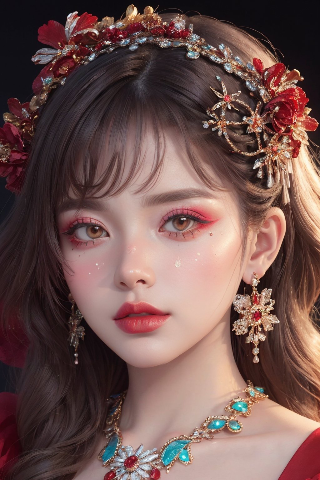 red theme,  snowflakes,  looking at viewer,  portrait,  colorful hair,  jewelry,  close up,  ultra high res,  deep shadow, (best quality,  masterpiece),  dimly lit,  shade, highly detailed,  bold makeup,  flower,  solid color background,  depth of field,  film grain,  fashion_girl,  accessories, High detailed, ,fashion_girl,dream_girl