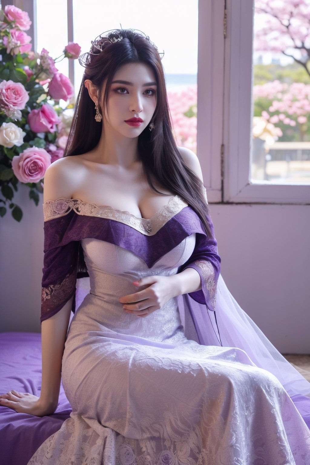 masterpiece,1girl,(mature female:0.5),tall body,full  body,golden proportions,(Kpop idol),(shiny skin:1.2),(oil skin:1.1),makeup,(close up),depth of field,(closed mouth:0.5),(purple long hair:1.5),(very long hair:1.36),(puffy eyes),(eyelashes:1.1),(parted lips:1.1),red lipstick,fantasy art style,dreamy light,(purple wedding dress:1.59),(Off Shoulder purple long wedding dress:1.39),(lace:1.49),perfect body,(purple dreamy veil:1.3),(dusk:1.2),(purple princess shoes:1.1),(diamond necklace),(crystal hairpin),tyndall effect,highres,(sitting on a bed:1.59),(The room is covered with colorful roses:1.79), (big breasts:2.59),(The background window is a seaside scenery with cherry blossoms in full bloom:1.69),(Purple themed room with purple decoration:1.59)