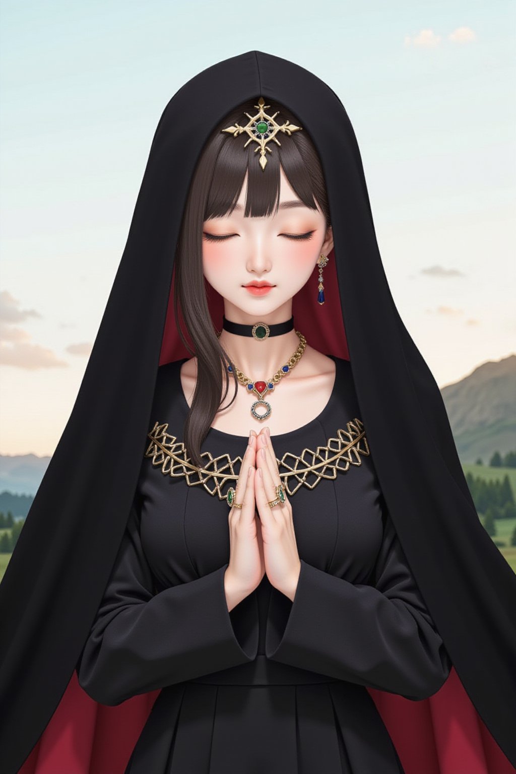 1girl, solo, long hair, black hair, hair ornament, long sleeves, dress, jewelry, closed mouth, closed eyes, upper body, earrings, necklace, bracelet, ring, own hands together, veil, red lips, praying,Midjourney_Whisper,Made of adrr-zllj,landscape,wonder beauty