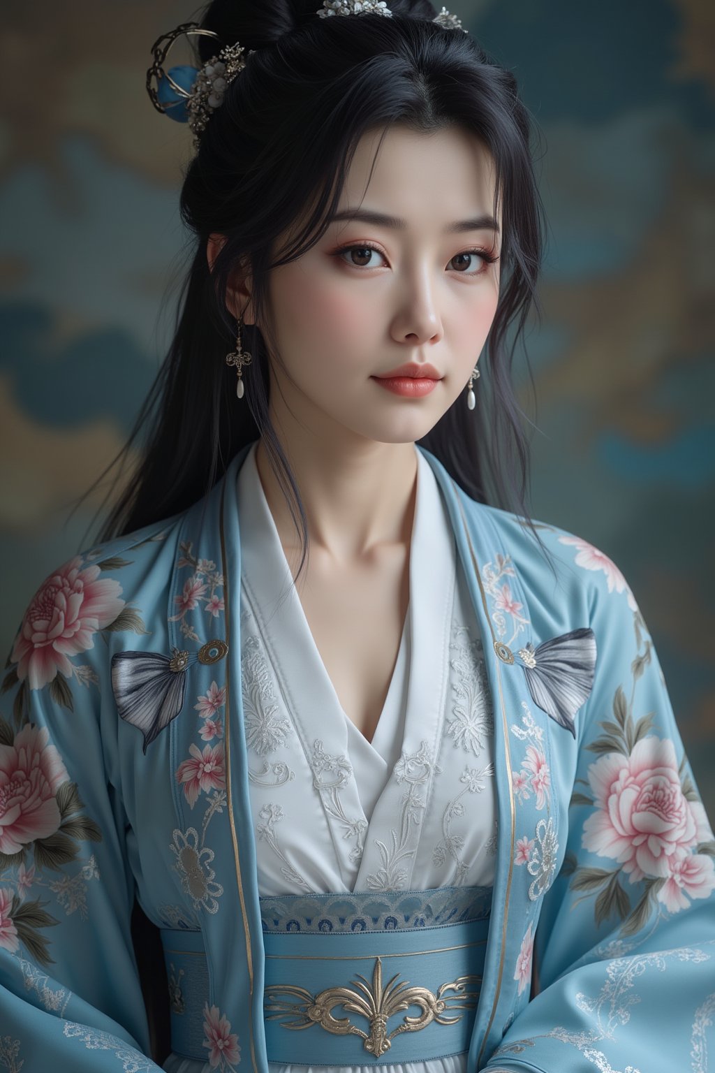 (8k, RAW photo, best quality, masterpiece:1.2), (realistic, photo-realistic:1.2)(raw photo) , detailed and intricate, original,highres,looking at viewer,upper body,black hair,BREAK,(light blue hanfu:1.29),(huge breasts:2.39),Xyunxiao,1girl,(full moon,Peony:1.36),BREAK,(Chinese Phoenix pattern embroidery:1.26),wonder beauty