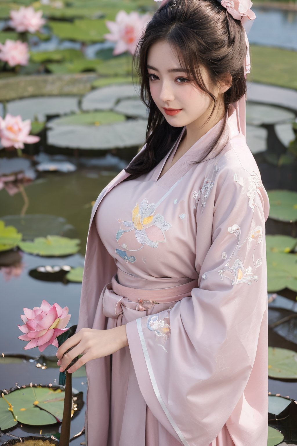 (masterpiece, best quality:1.2), highres, extremely detailed, 1 girl, long hair, eye highlights,(light pink hanfu dress:1.33), frills, outdoors, flower, fluttering petals, upper body, depth of field,pastel color, Depth of field,garden of the sun,shiny,flowers, garden, 1girl, butterfly style, butterflies, ultra detailed, glary,Light, light particles,glitter,reflect,(Ancient Chinese pattern embroidery:1.23),(big breasts:1.76),Xyunxiao,(pink lotus,Lotus Pond:1.59),(Background Chinese ancient architecture:1.29)