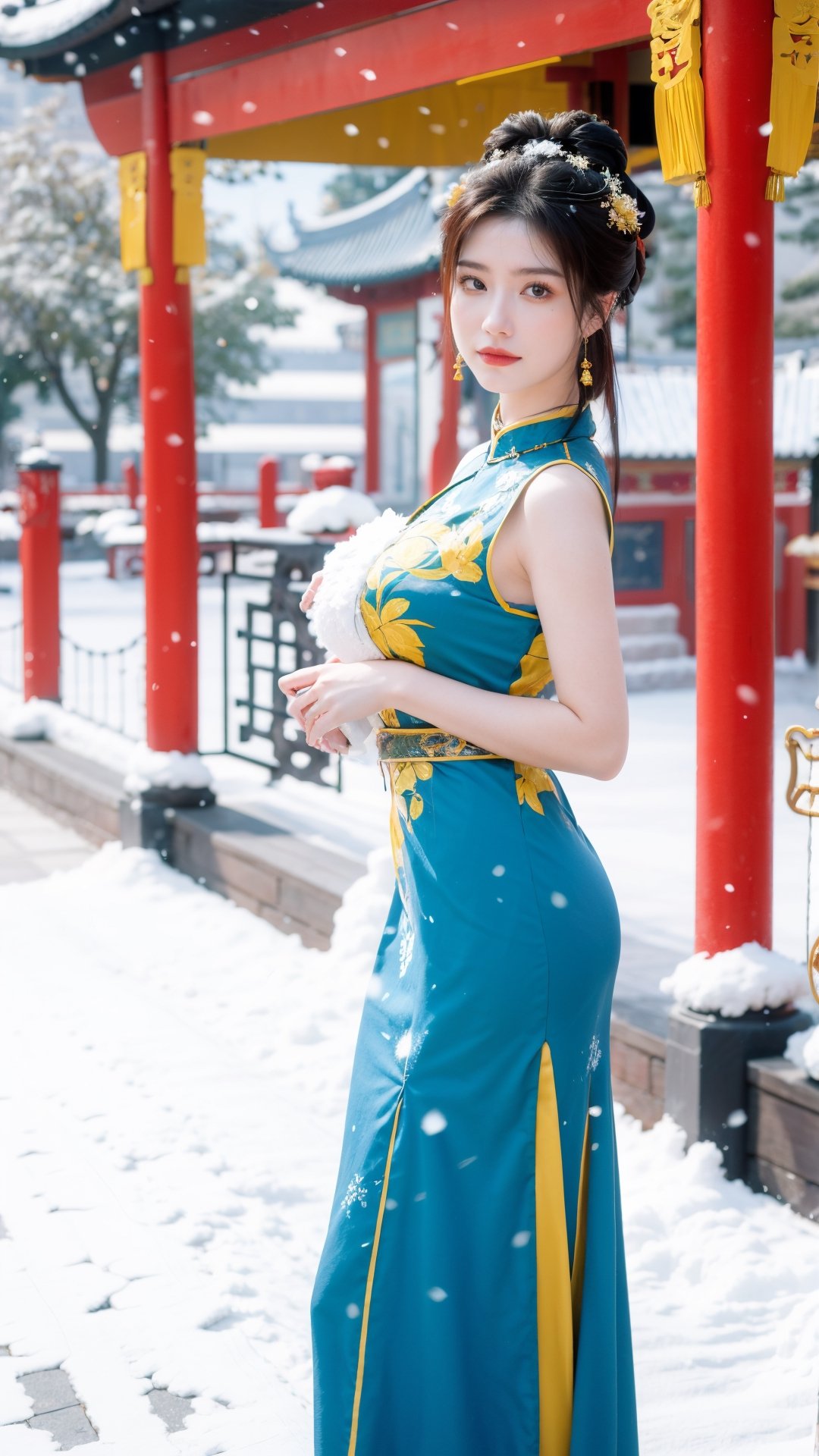 Masterpiece, Best Quality,young and beautiful Chinese girl wearing a cheongsam with coiled hair,wearing vintage Chinese earrings, (big breasts:1.3),1girl, half,(red|blue|yellow hanfu:1.2),arien_hanfu, 1girl, (falling_snow:1.3), looking_at_viewer, , (big breasts:1.39),Young beauty spirit 