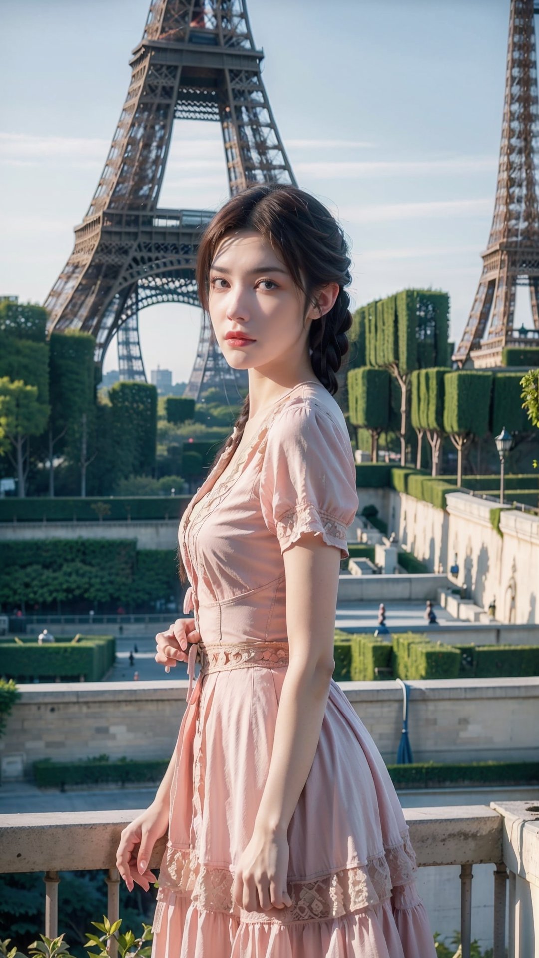 Best quality, masterpiece, ultra high res, raw photo, beautiful and aesthetic,deep shadow,(photorealistic:1.4),
(qyc \(manaka nemu\), 1girl, pink dress, braid),outdoors, (garden, paris:1.5),VICTORIAN DRESS,(Eiffel Tower:1.5),facing the camera